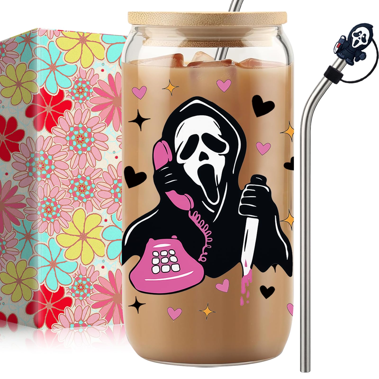 qiyeyeye 16oz Halloween Ghost Glass Cups with Lids and Straws, Cute Scream Skull Themed Pattern. Iced Coffee Tumblers,Halloween 