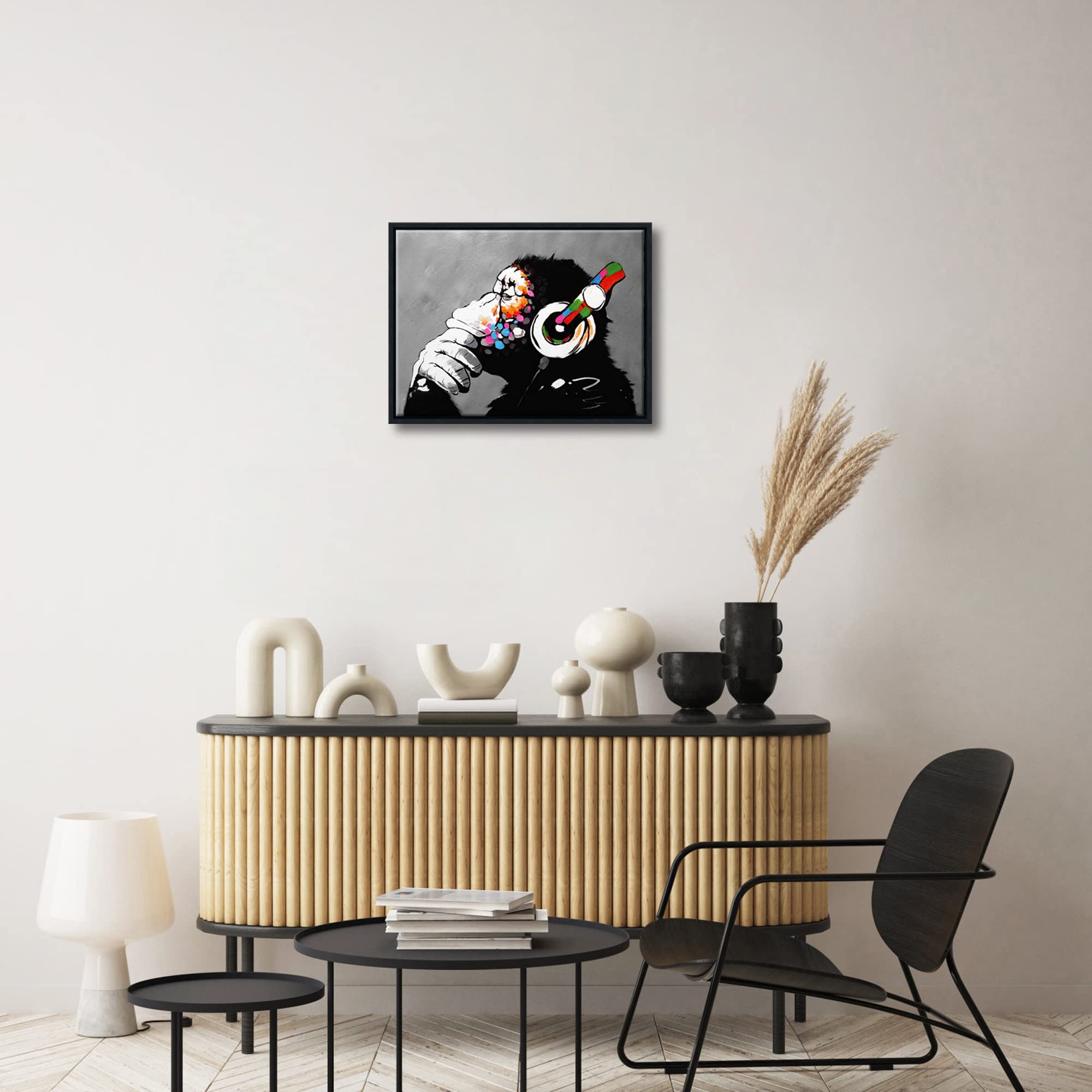 Wieco Art Black Framed Monkey With Headphones Banksy Graffiti Art Abstract Canvas Paintings Prints Animal Canvas Wall Art For Wa
