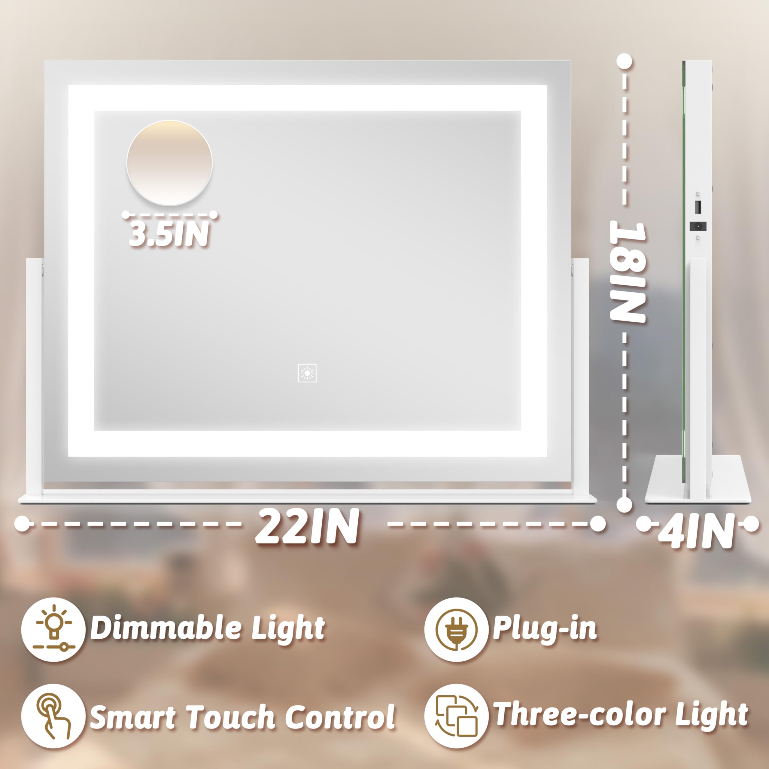 Rolove Vanity Mirror With Lights 22''X18'', Lighted Makeup Mirror With 10X Magnification, Smart Touch 3 Colors Dimmable, 360 Rot