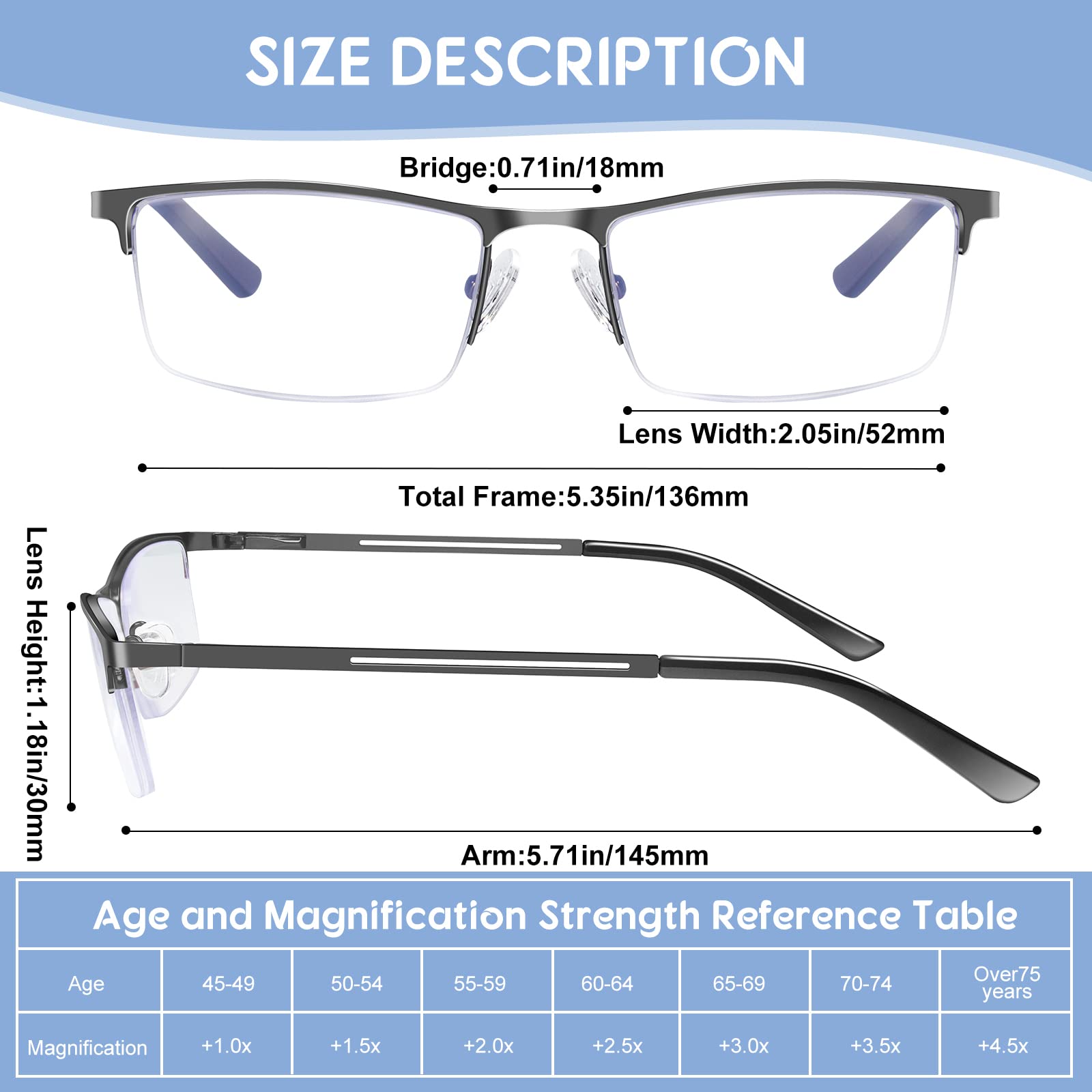 Konhago Blue Light Blocking Reading Glasses For Men, Half Frame Metal Readers Spring Hinge Eyeglasses Anti Eyestrainglareuv