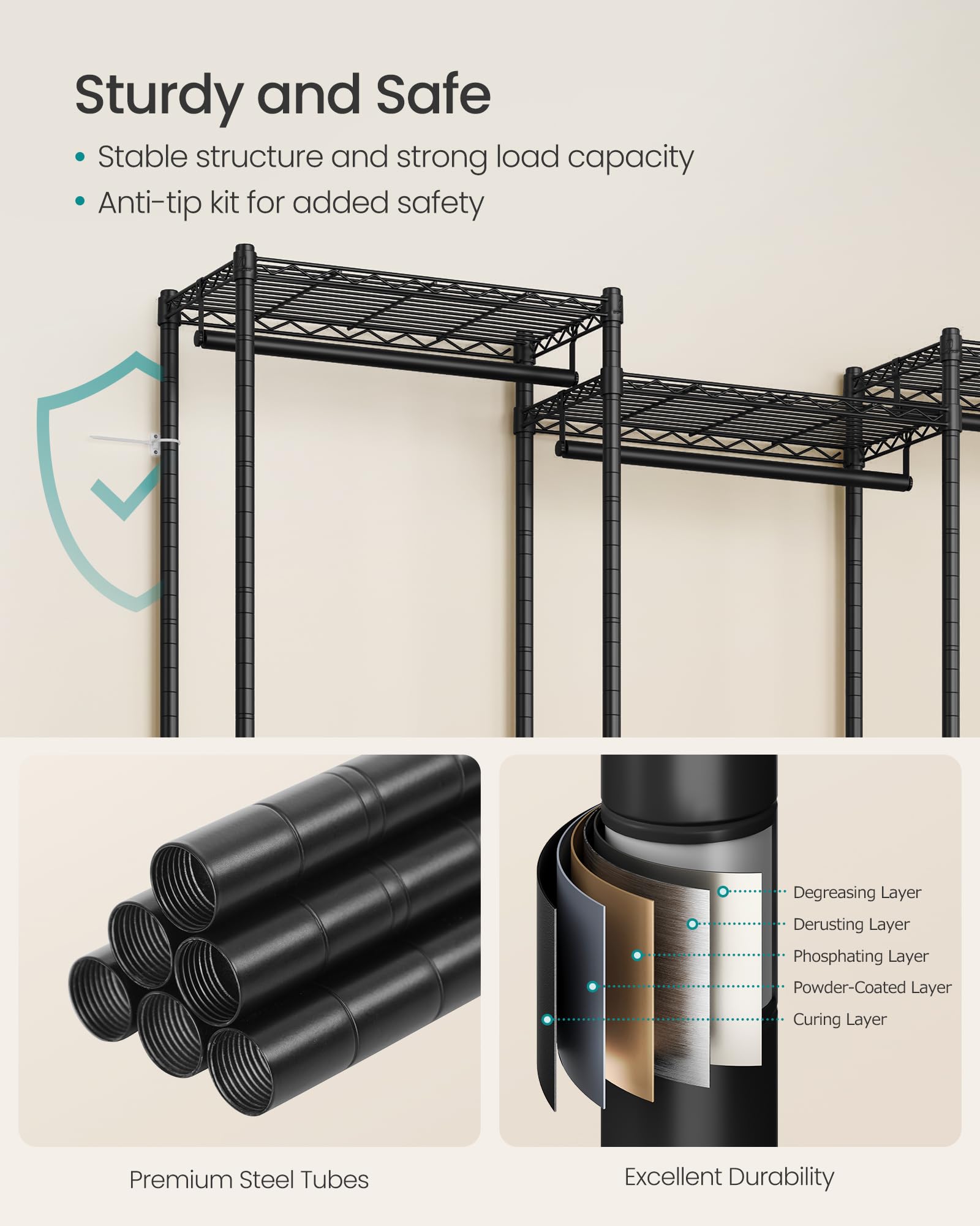 Songmics Portable Closet, Heavy-Duty Clothes Rack, Garment Rack, 68.7-Inch Wide Clothing Rack With Adjustable Mesh Shelves And H