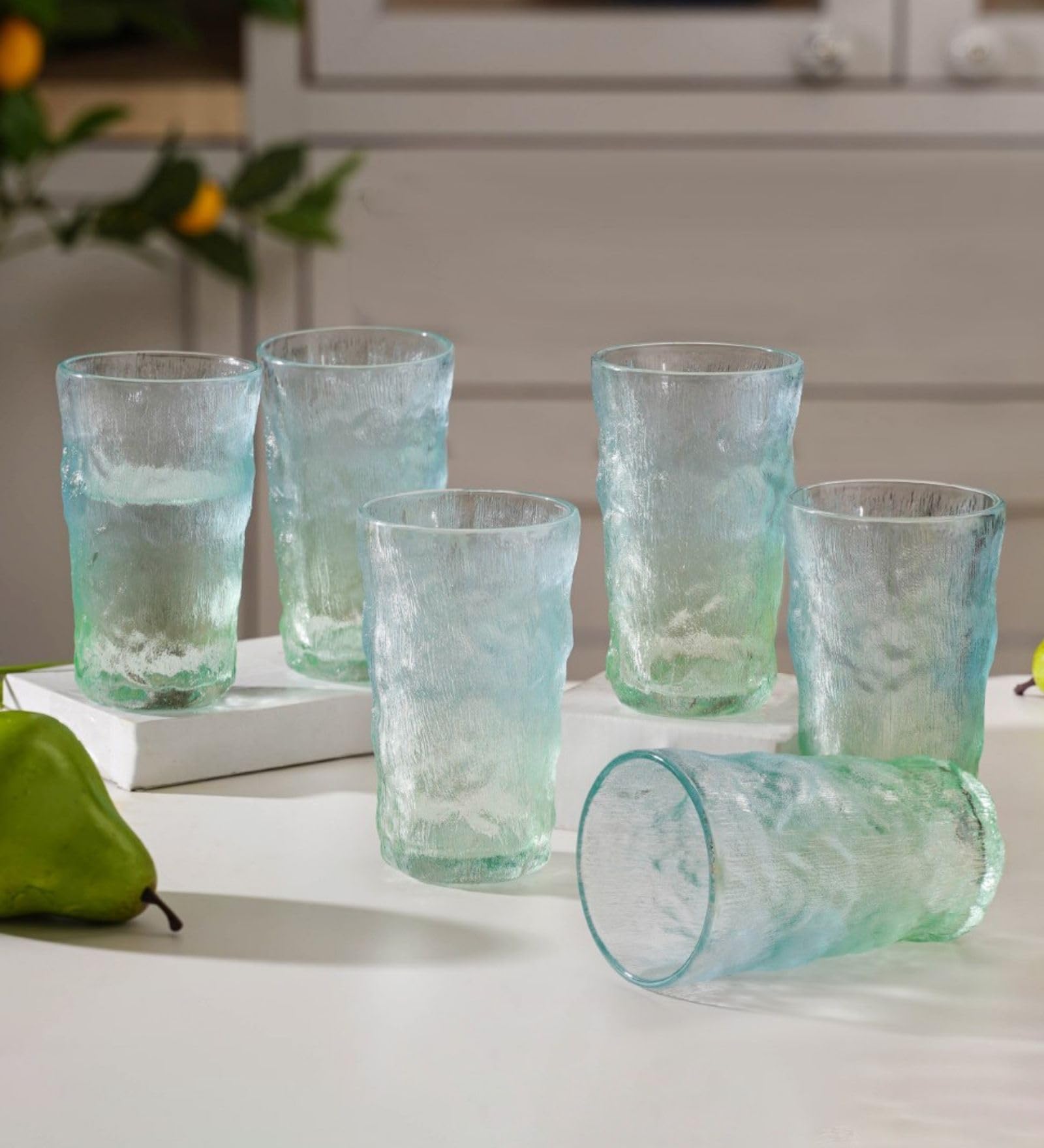 Nestasia Tall Glasses Set of 6, Food-Safe and Lead-Free Tumbler, Ombre Glacier Tempered Glassware, 350ml each