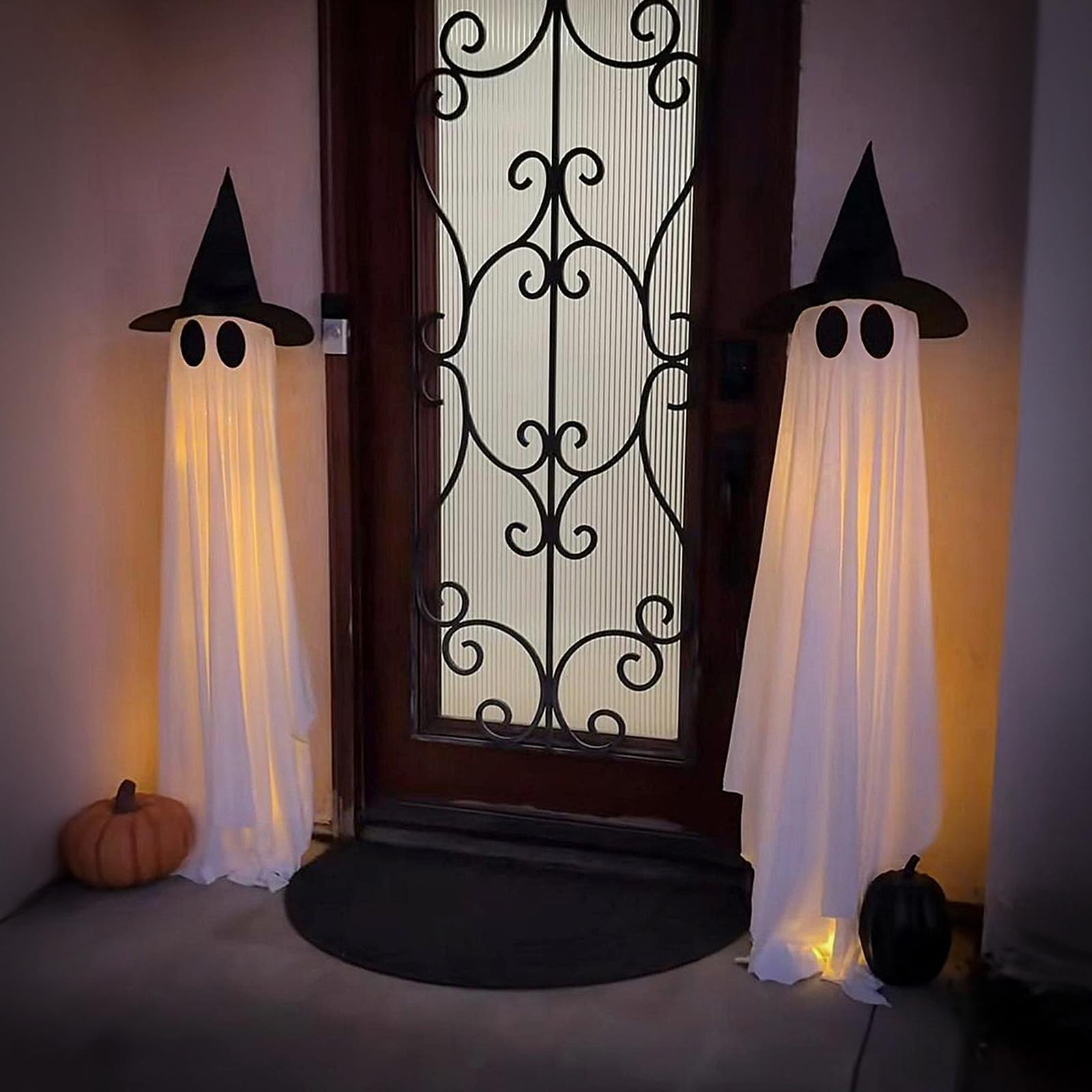 2 Packs Halloween Decorations Outdoor, 5Ft Wind-Resistant Ghost Decor with USB String Lights, Scary Door Decoration Outside Euip