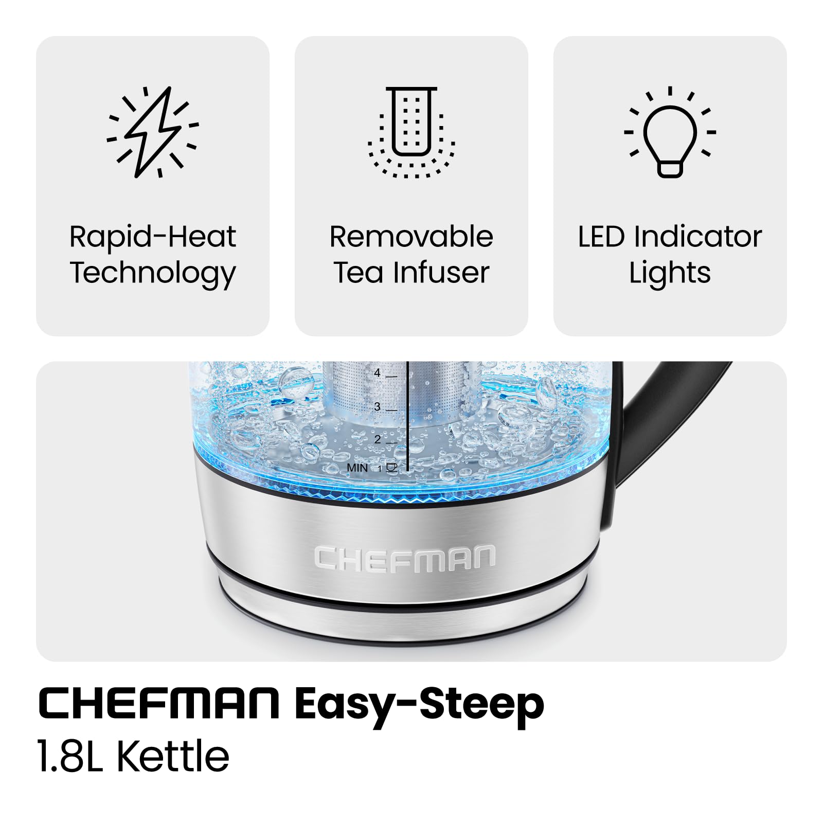 Chefman Electric Kettle for Boiling Water, 1.8L 1500W, Removable Tea Infuser, Auto Shut Off, Boil-Dry Protection, BPA Free, Boro