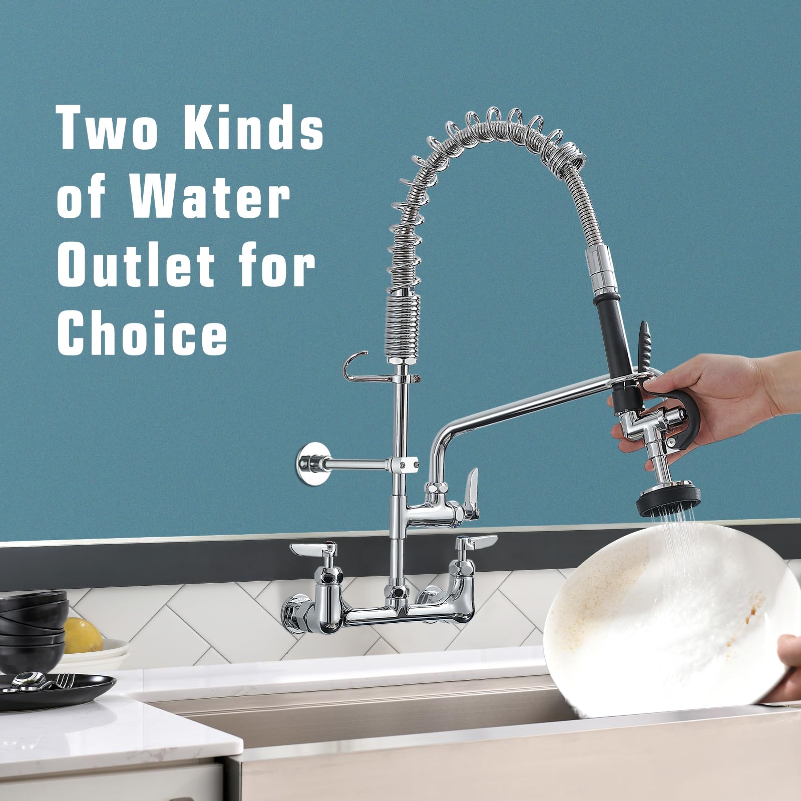Fapully Commercial Kitchen Faucet,Wall Mount Kitchen Sink Faucet With Pre-Rinse Pull Down Sprayer,25 Height 8'' Center 3 Compart