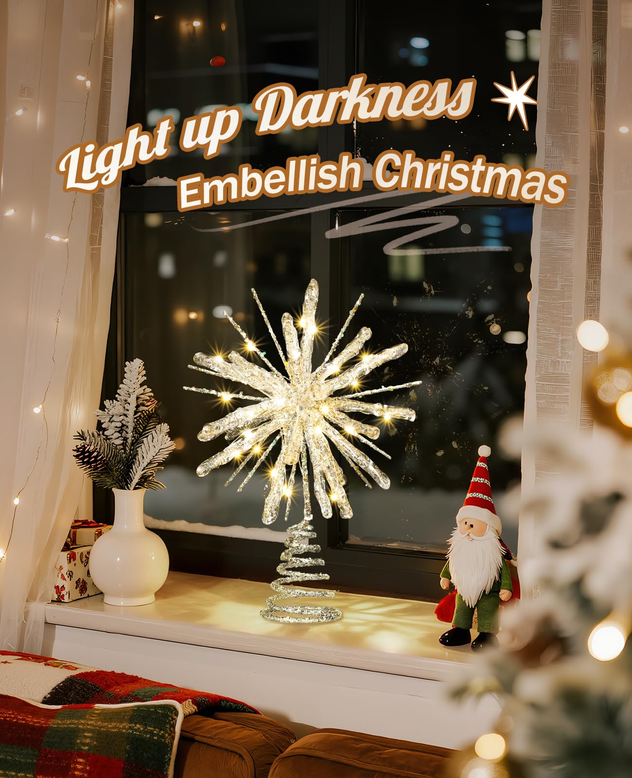 Luxspire Christmas Tree Topper, Crystal Lighted Christmas Tree Star with Remote & USB Starburst Tree Topper for Home Holiday Dec