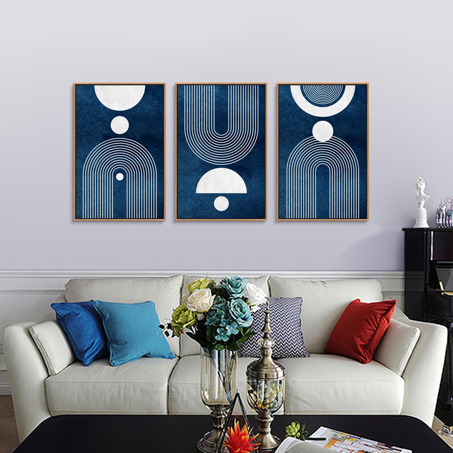 Framed Boho Canvas Wall Art - Mid Century Modern Geometric Pictures Prints Blue And White Minimalist Artwork Bohemian Wall Art F