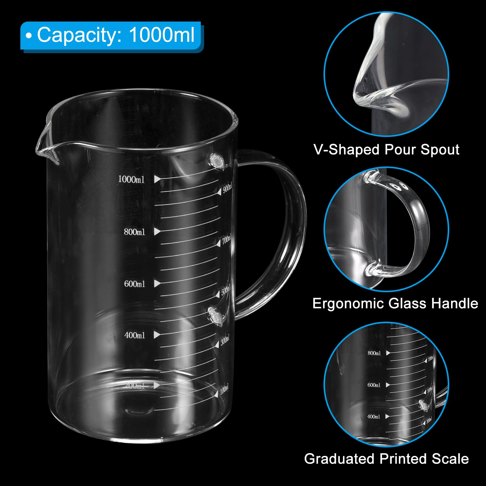 Patikil 1000Ml Glass Measuring Cup, 3.3 Borosilicate Glass Graduated White Printed Scale Liquid Measure Cups Beaker With V-Shape