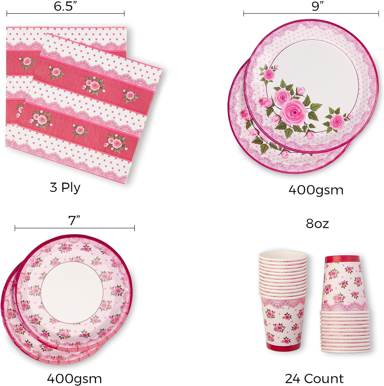Royal Bluebonnet Paper Plates And Napkins Sets - Set Of 24 - Paper Plates And Napkins And Cups, Rose Floral Tea Party Decoration