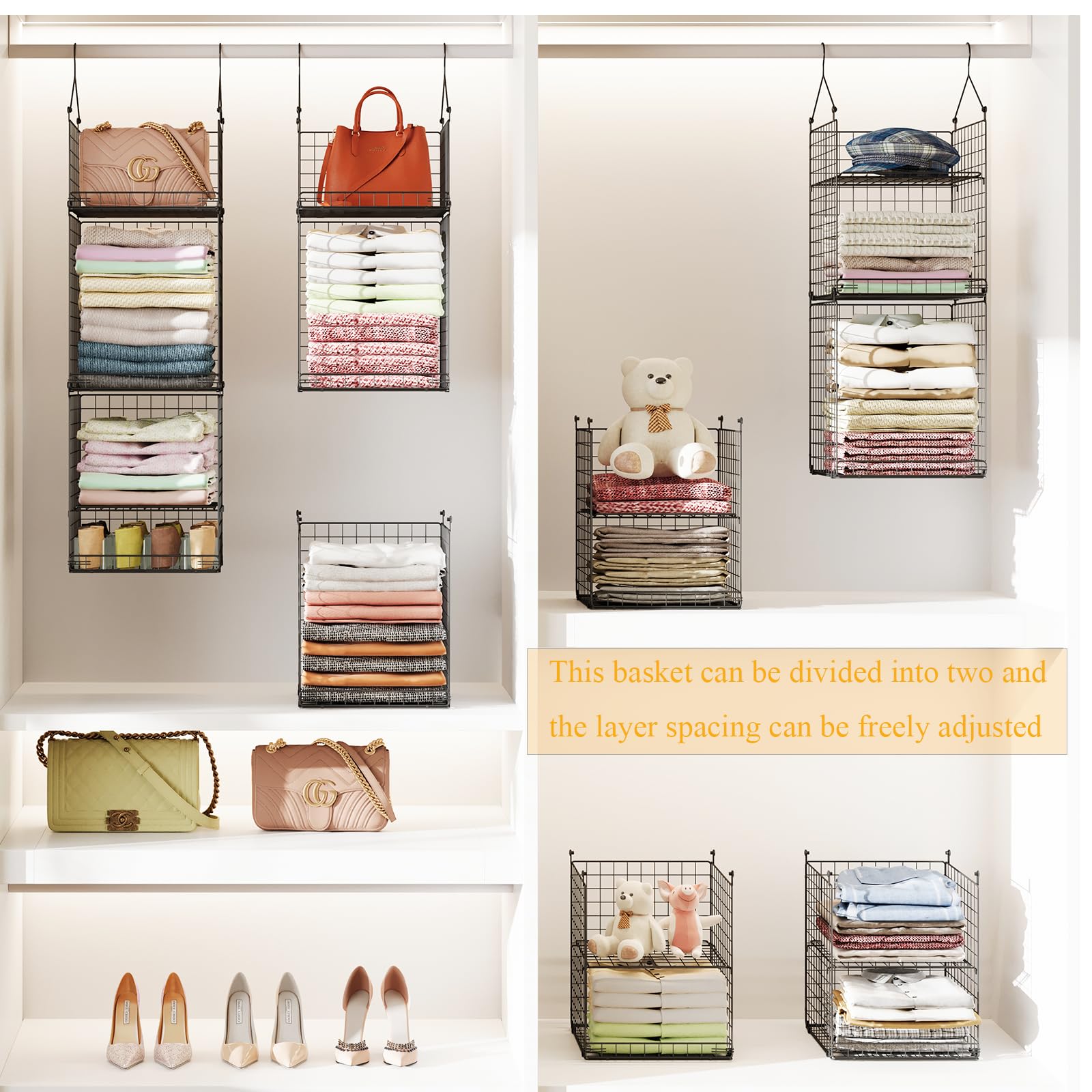 5 Tier Closet Hanging Organizer And Storage Separable Hanging Closet Shelves With 4 Hanging Hooks 2 Adjustable Dividers, Wire St