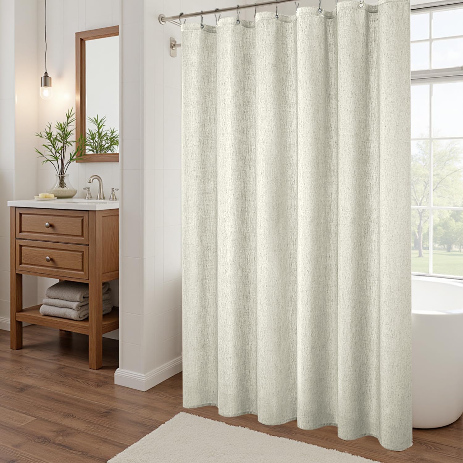 Textured Fabric Shower Curtain Liner Set with Hooks Waterproof Luxury Natural Linen Neutral Tone Burlap Woven Look Vintage Country Style Rustic Shower Curtains for Bathroom Tan Beige 72x72 Inch