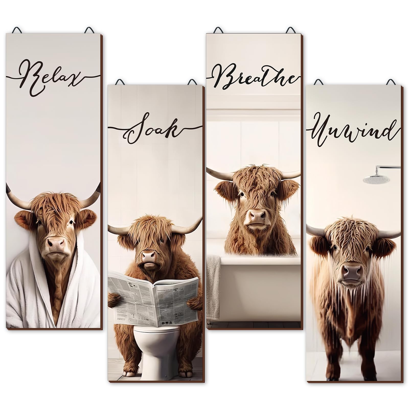 4 Pieces Highland Cow Bathroom Decor Wood Relax Soak Unwind Breathe Farmhouse Bathroom Decor Rustic Cow Bathroom Decor Sign Hang