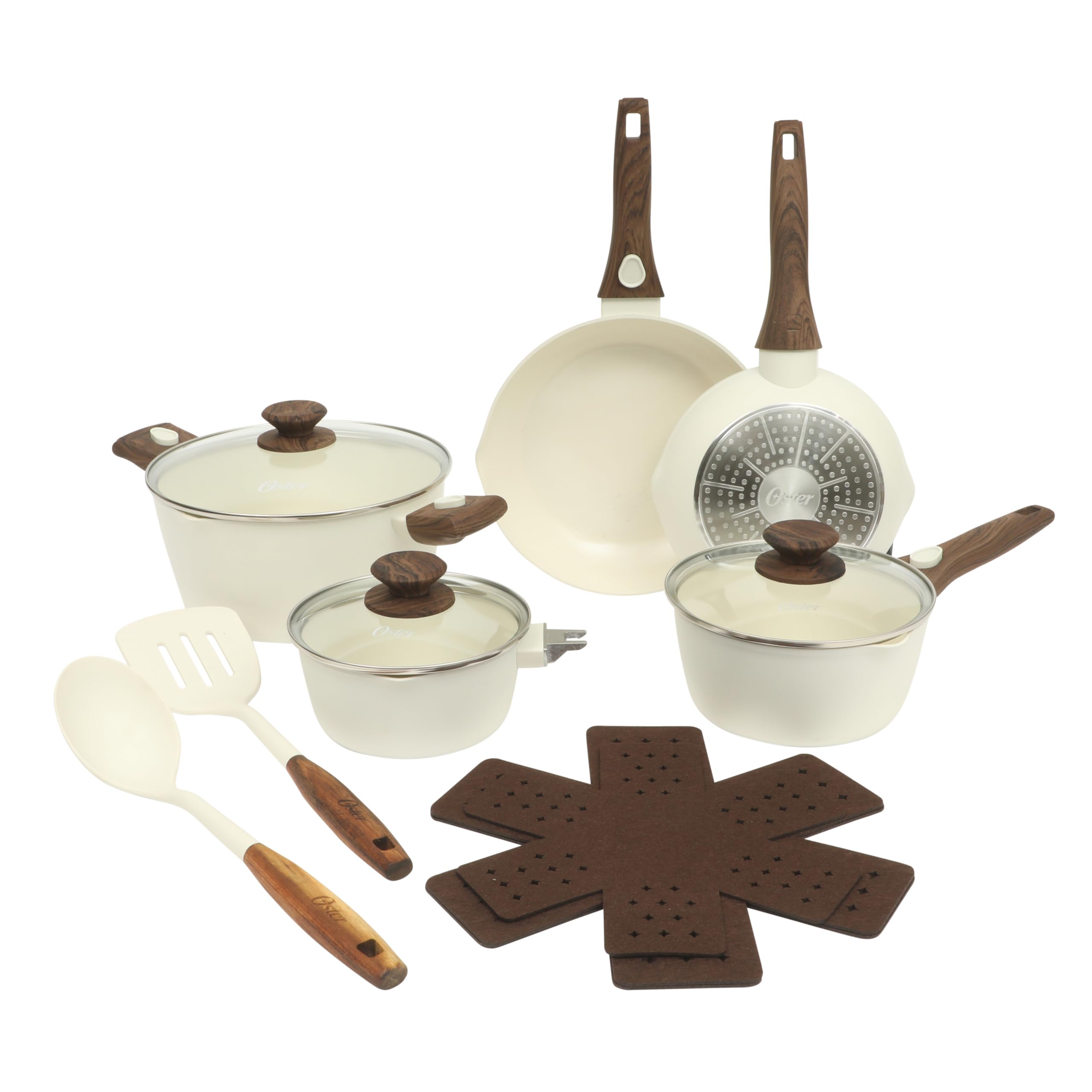 Oster SmartHandle Advance 18Piece Ceramic Nonstick Cookware Set  Matte Linen Finish, Induction, Detachable Handles, Oven & Dis