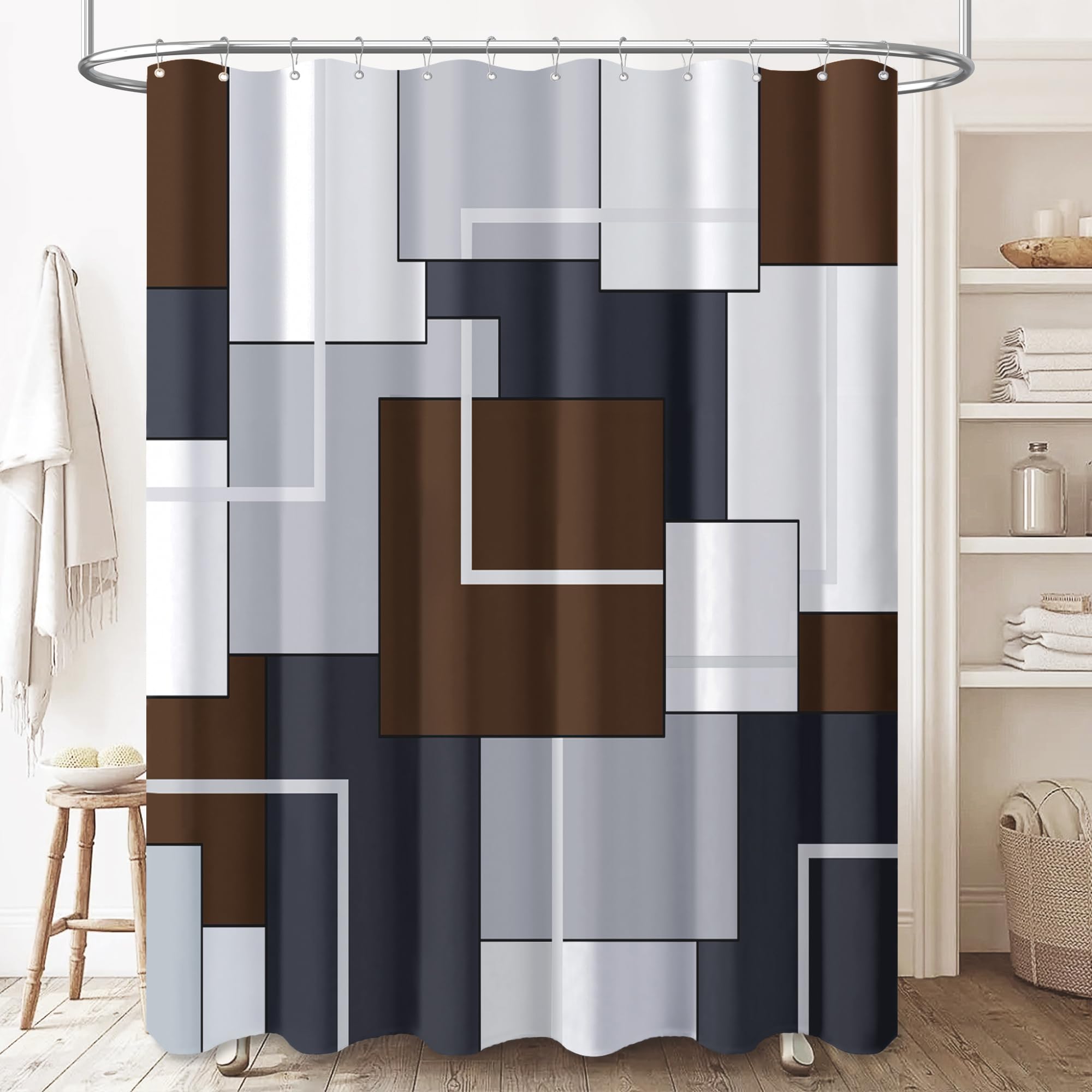 Bttn Brown Fabric Shower Curtain - Geometric Shower Curtain Set With 12 Plastic Hooks, Water Repellent, Machine Washable, Modern