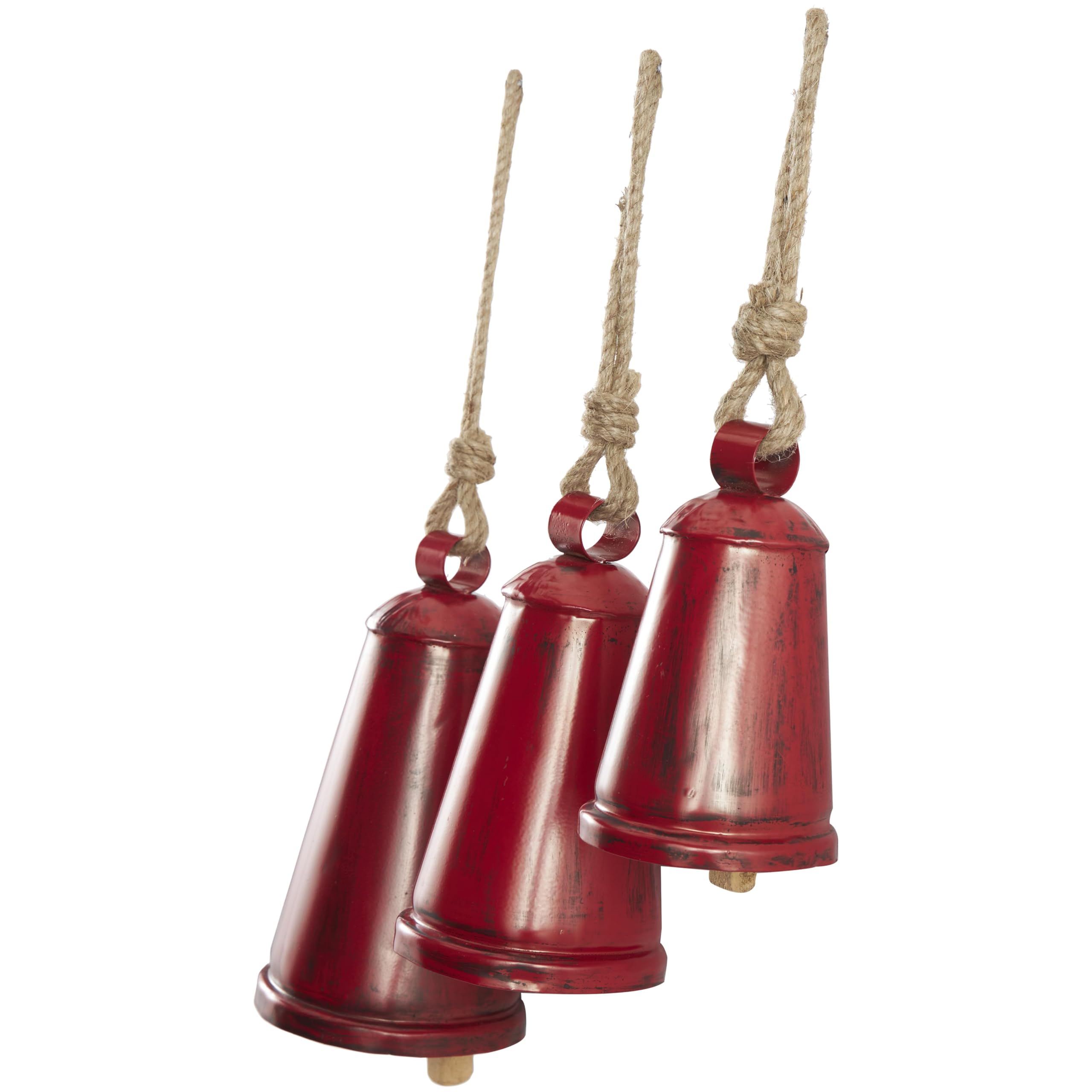 Deco 79 Metal Tibetan Inspired Decorative Cow Bells with Jute Hanging Rope, Set of 3 12,9,6H, Red
