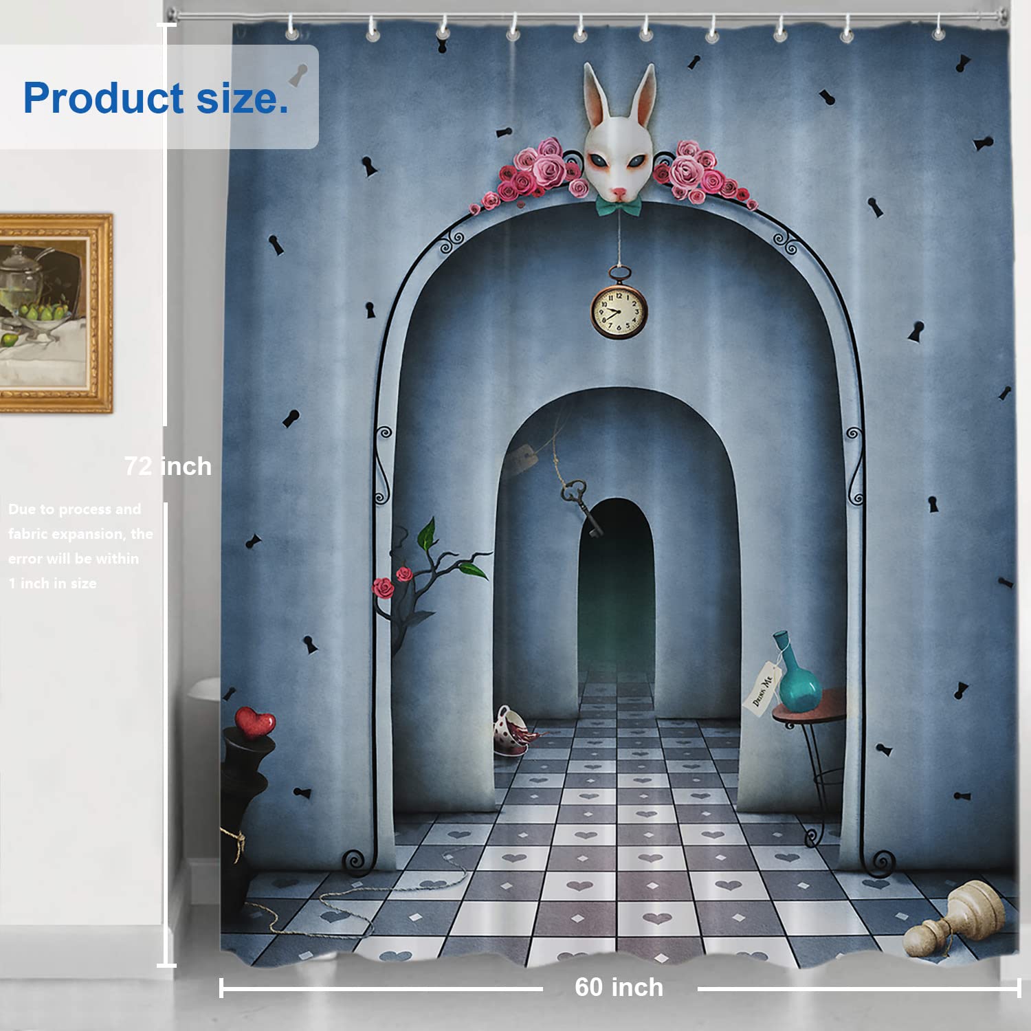 Shrahala Fantasy Blue Book Decorative Shower Curtain, White Rabbit Time Alice Wonderland Bathroom D  Cor Polyester Fiber Waterpr