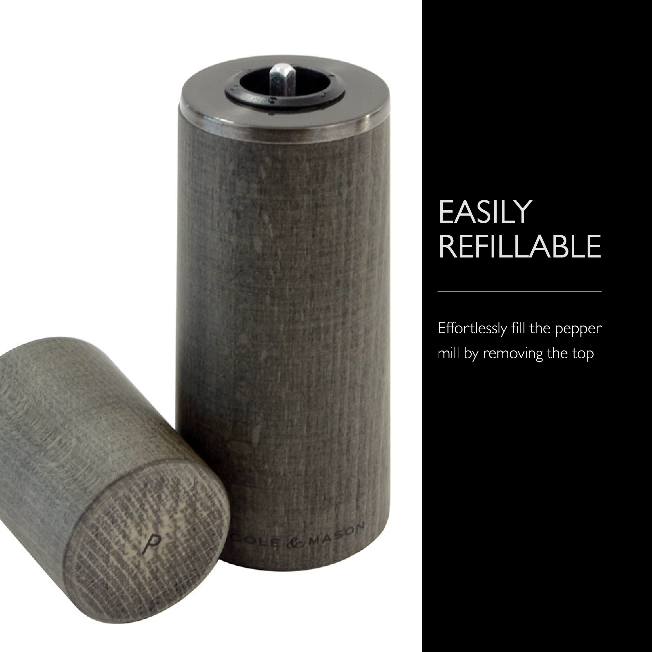 Cole & Mason Marlow Rustic Grey Wood Pepper Mill - Balanced Pepper Grinders - Refillable Spice Tools - Adjustable Peppercorn Gri