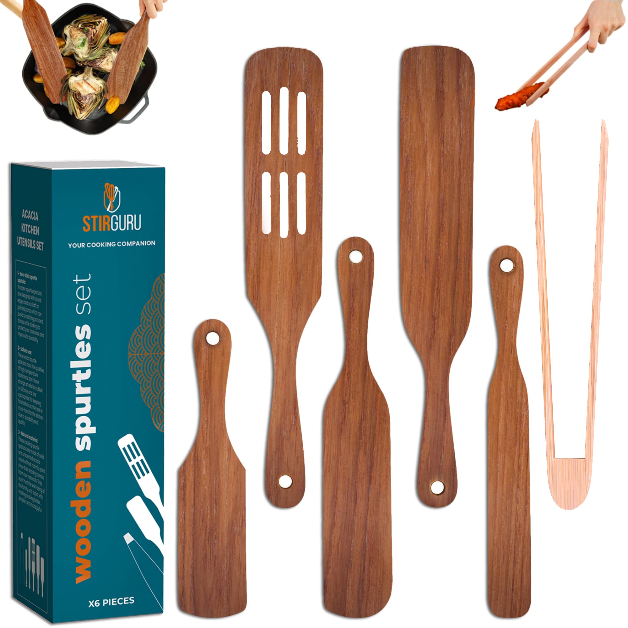 Stirguru Set Of 5 Wooden Spurtle Set + 1 Toaster Tong To Stir And Serve Like A Whiz - Spurtles Kitchen Tools Wooden. Handy For C