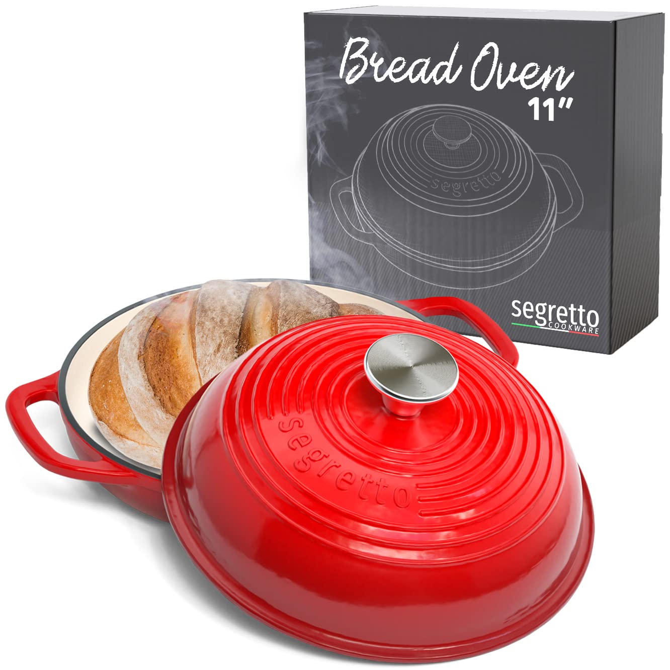 Enameled Cast Iron Bread Pan With Lid, 11    Red Bread Oven Cast Iron Sourdough Baking Pan, Dutch Oven For Bread, No Seasoning N