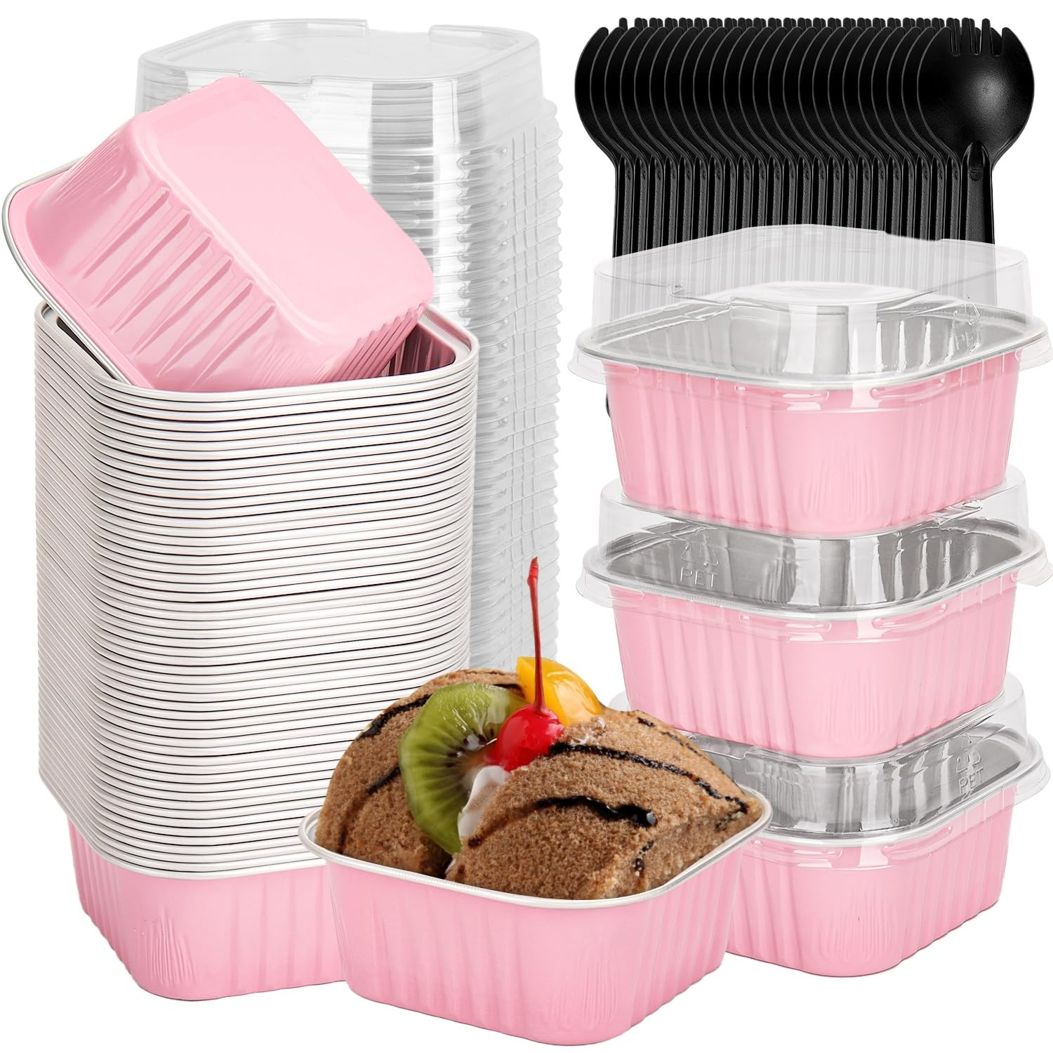 selizo 60 Pack 5oz Mini Disposable Cake Pans with Lids, Aluminum Foil Square Baking Cups, 3.5x3.5 Small Baking Cake Tins Cup Cak