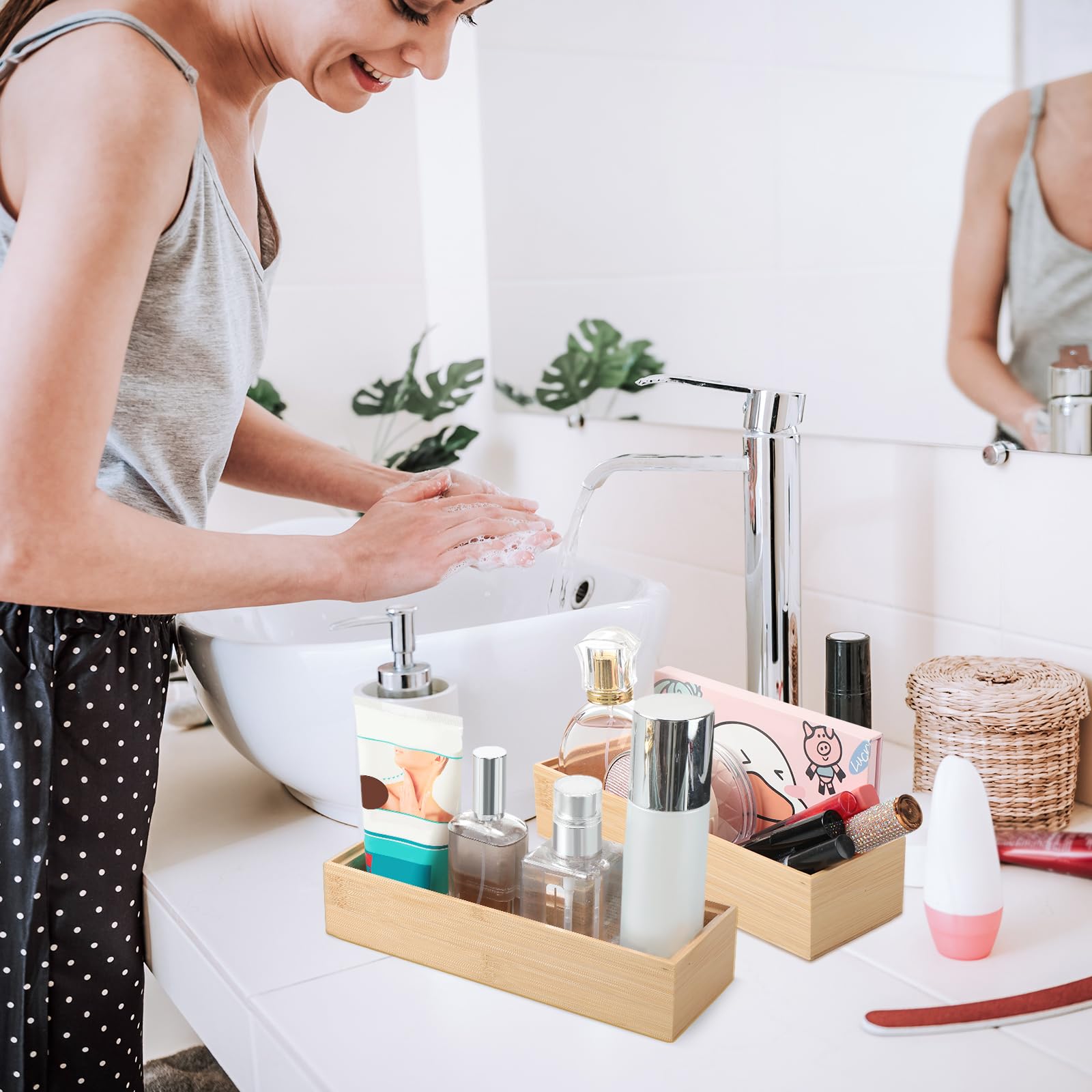 Kigley 8 Pieces Bamboo Drawer Organizer Kitchen Utensils Wooden Utensil Organizer For Drawers Stackable Wooden Storage Box Bambo