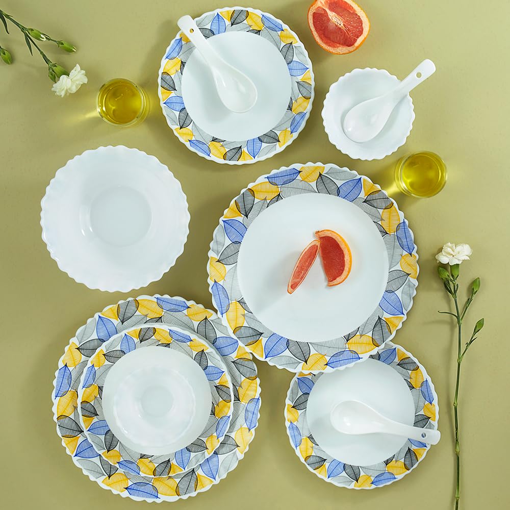 Larah By Borosil Silk Series Kora Opalware Dinner Set | 35 Pieces For Family Of 6 | Microwave & Dishwasher Safe | BoneAsh Free 