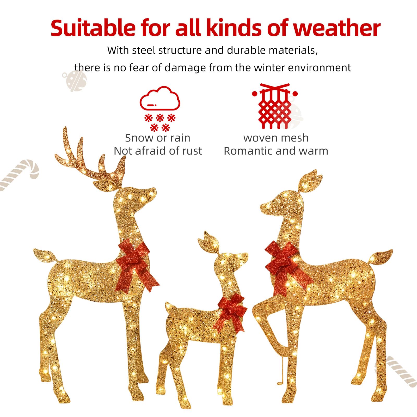 3-Piece 2D Lighted Christmas Deer Family Set - HOYECHI Large Outdoor Yard Reindeer Holiday Decoration with 145 LED Lights, Stake