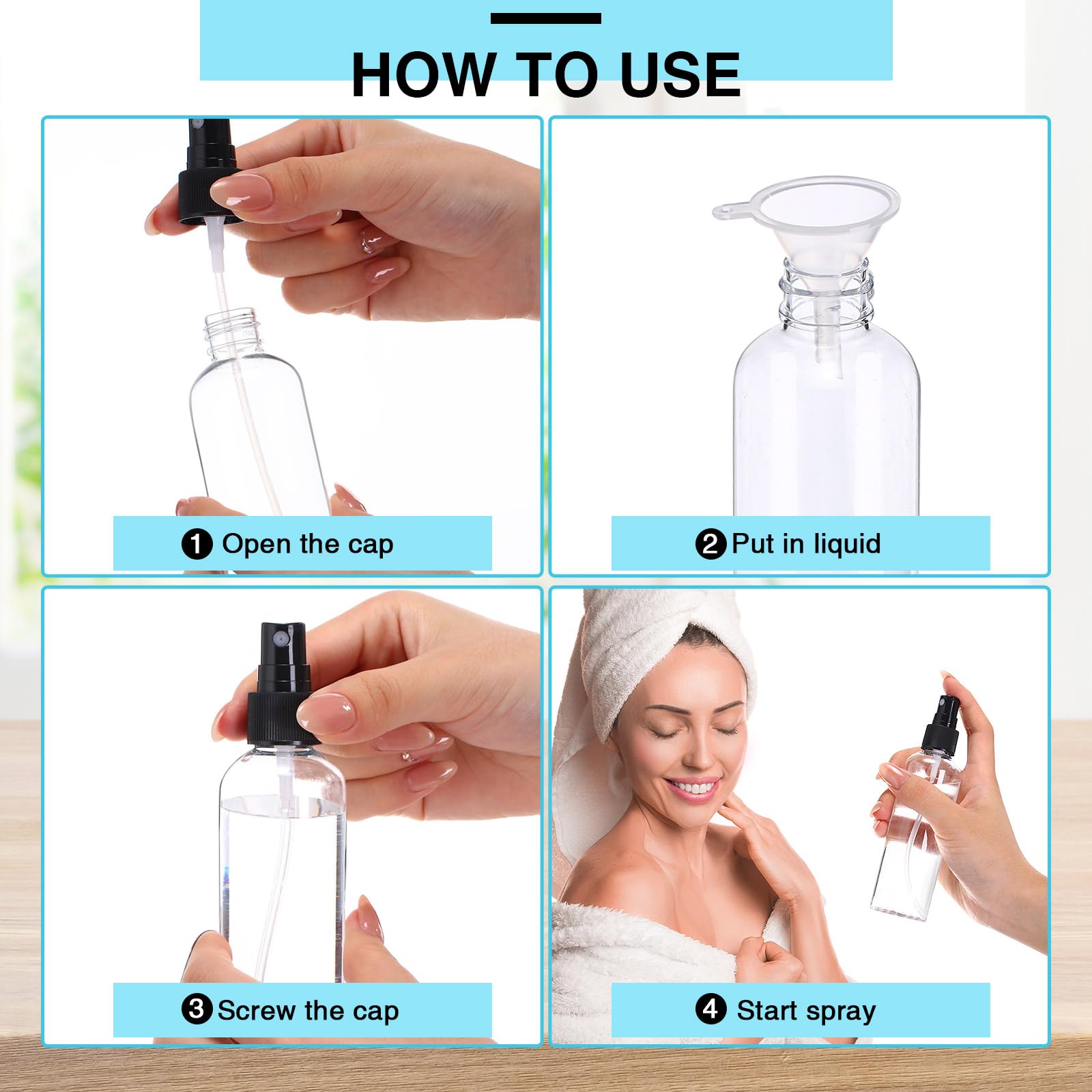Layhit 100 Pcs Small Spray Bottles 4 Oz/120Ml Clear Plastic Spray With 5 Pcs Small Funnels Mini Empty Fine Mist Bottles For Esse