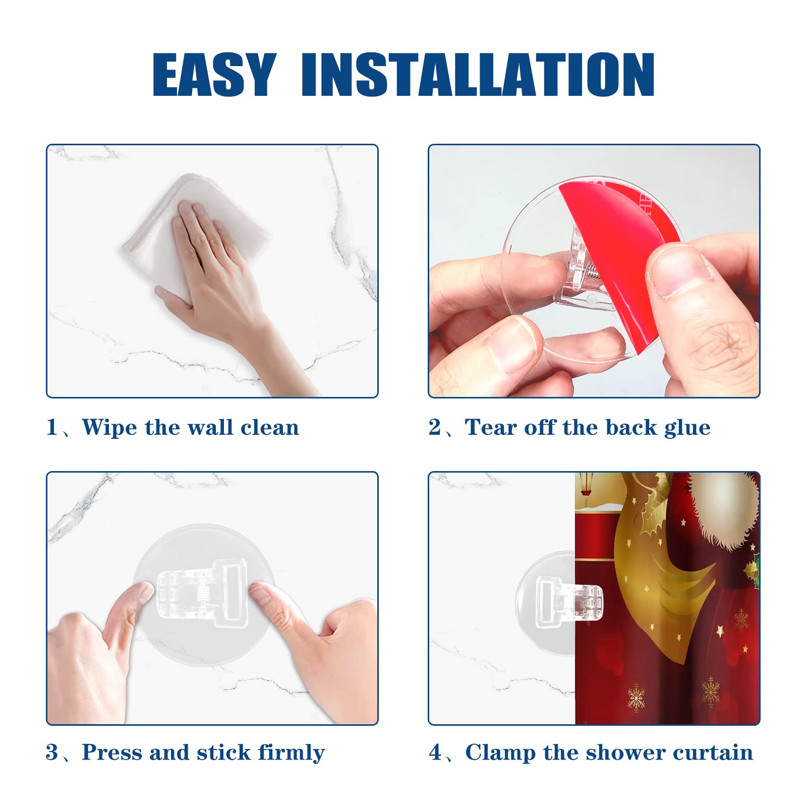 4 Pack Shower Curtain Clips, Windproof Shower Splash Guard,Self Adhesive Shower Curtain Holder For Inside Shower Splash Water Wa