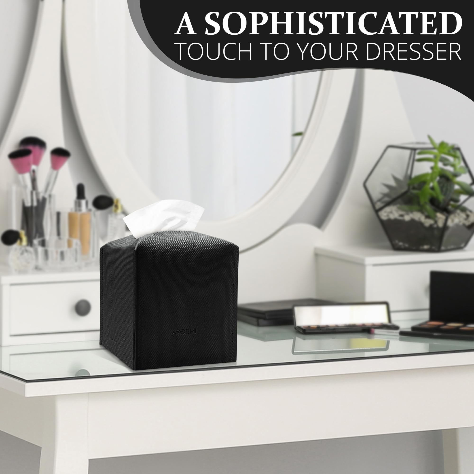 Tissue Box Cover, Pu Leather Tissue Box Holder With Bottom Belt, Modern Square Tissue Box Covers With Wide Opening (Black, Woven
