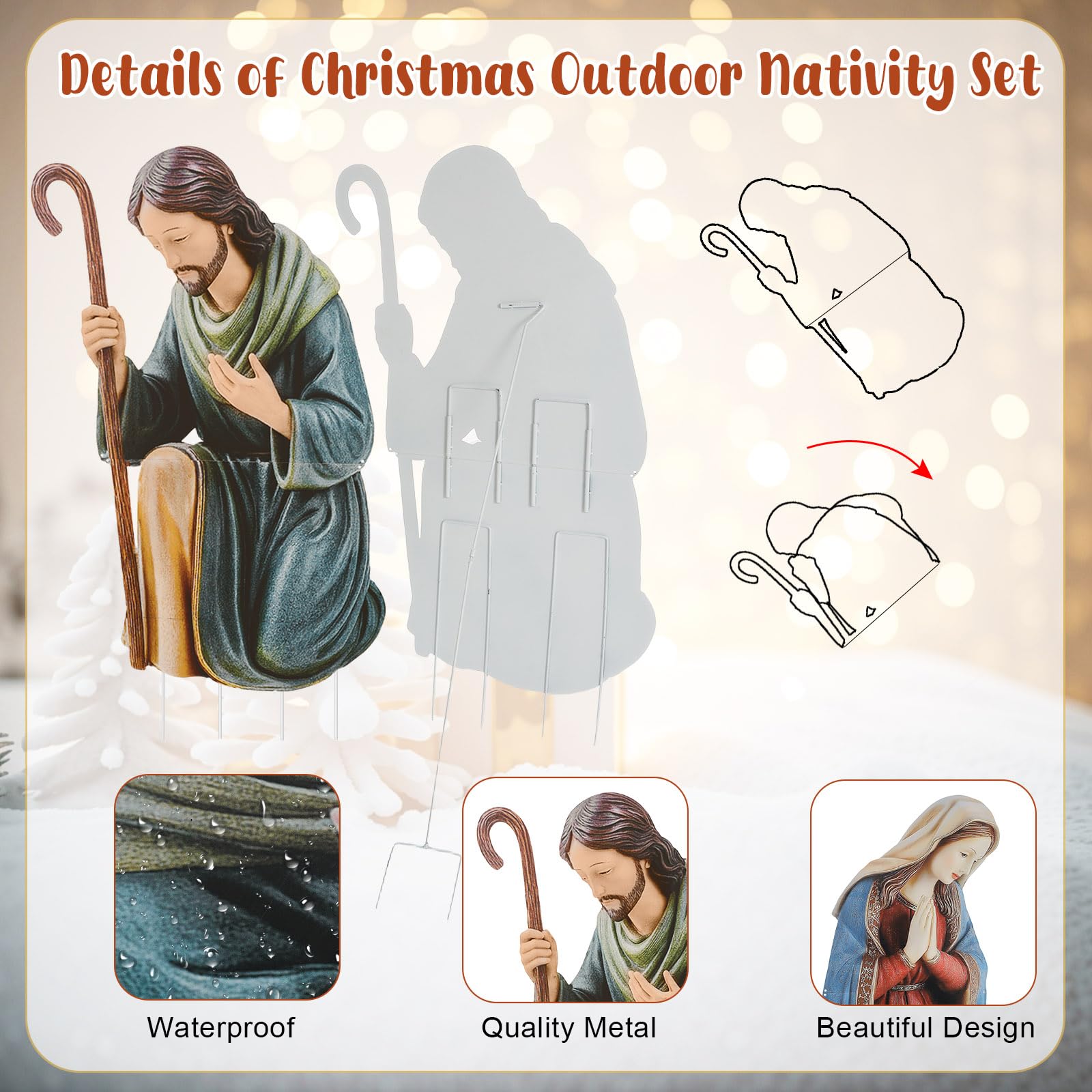 MorningRo 3 Pcs Metal Christmas Outdoor Nativity Scene Set 37.4    H Large Holy Family Outdoor Decorations with Stakes Jesus Jos