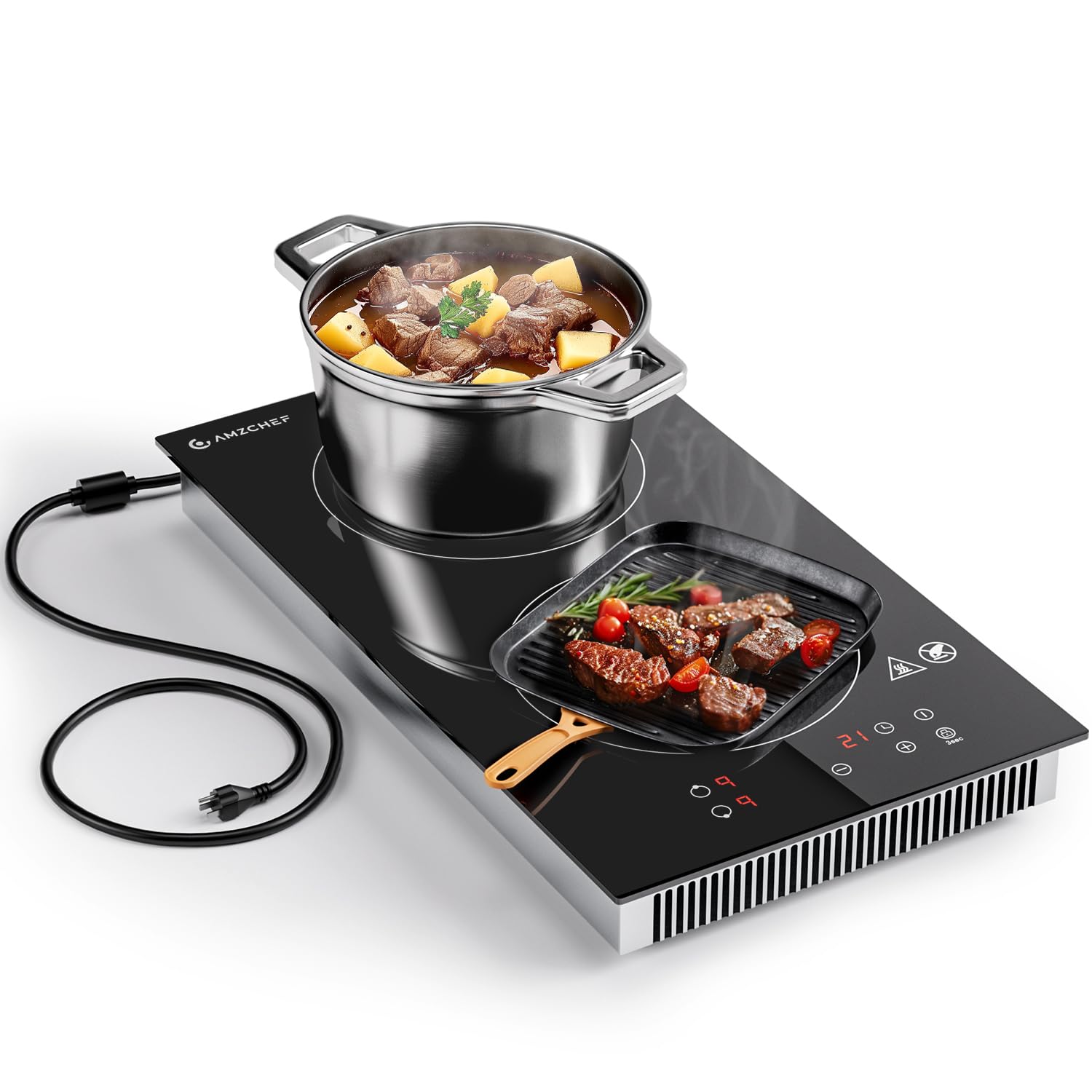 AMZCHEF Electric Induction Cooktop 2 Burners 12'' Electric Stove Top with Plug 1800W  120V  9 Power Levels  Child lock  Timer  Touch Control  Induction Stove for Fast Cooking  Bulit-in&Countertop