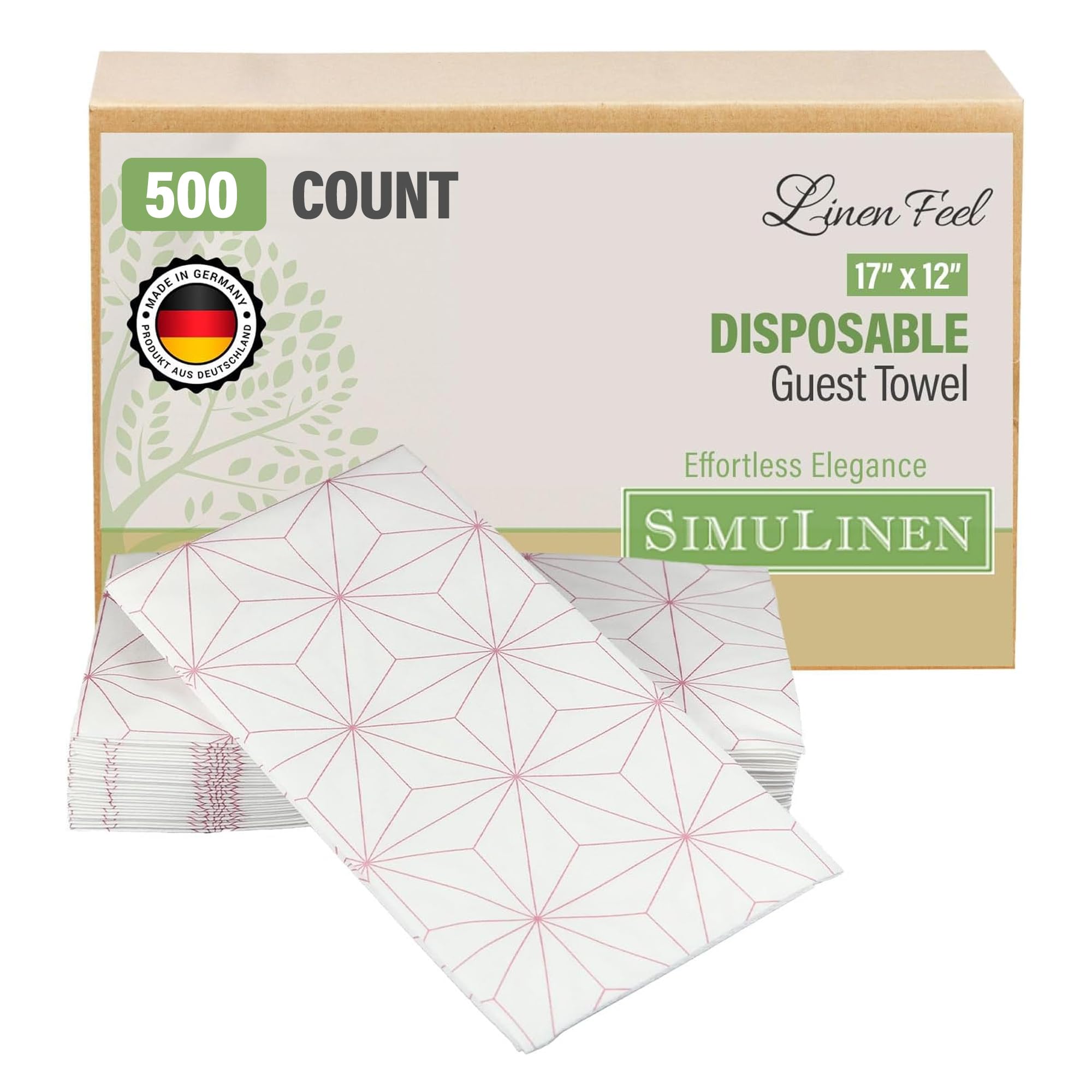 SimuLinen Rose Gold Geometric Disposable Paper Towels for Bathroom - Cloth-Like, Soft, Single-Use, Linen Feel, 12x17, 500ct (Mad