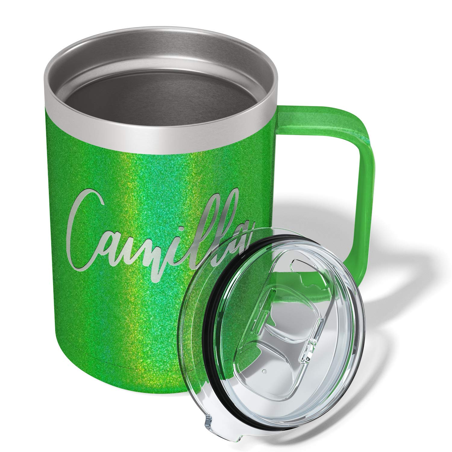 Personalized Coffee Mug Emerald Green Glitter 15 Oz With Lid And Handle Custom Engraved Gift Stainless Steel Vacuum Insulated Cu