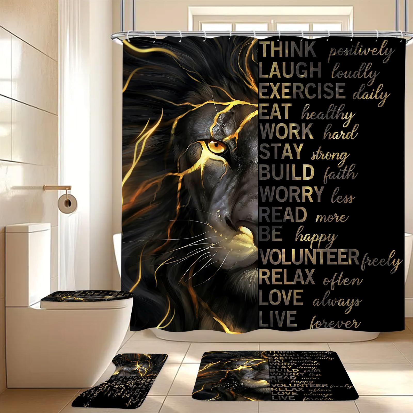 Emhome 4 Pcs Shower Curtain Set,Black Gold Lion Shower Curtain Set