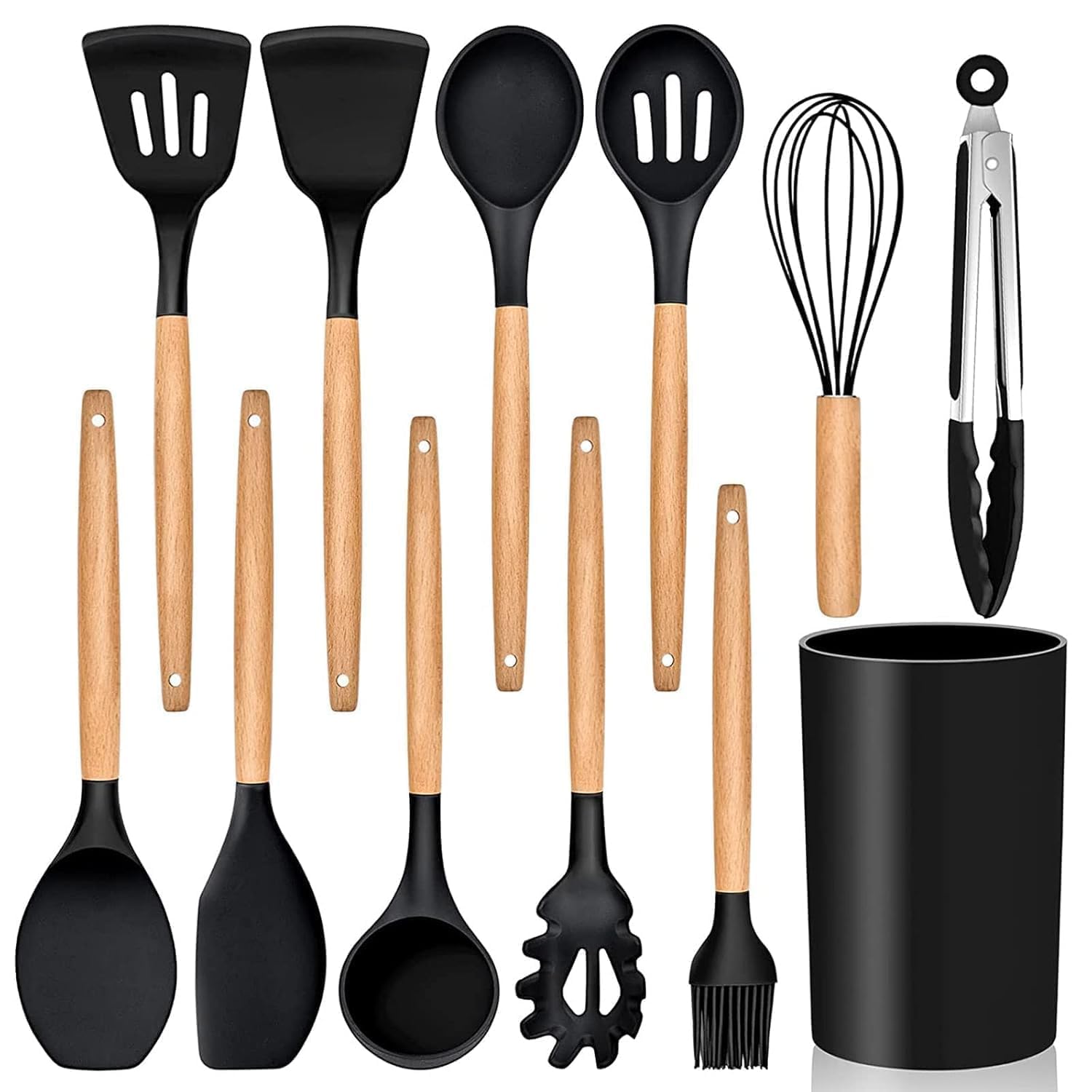 Silicone Kitchen Utensils Set With Wooden Handles,12 Pieces Cooking Tools With Holder, Spatula, Ladle, Spoons, Pasta Server, Ton