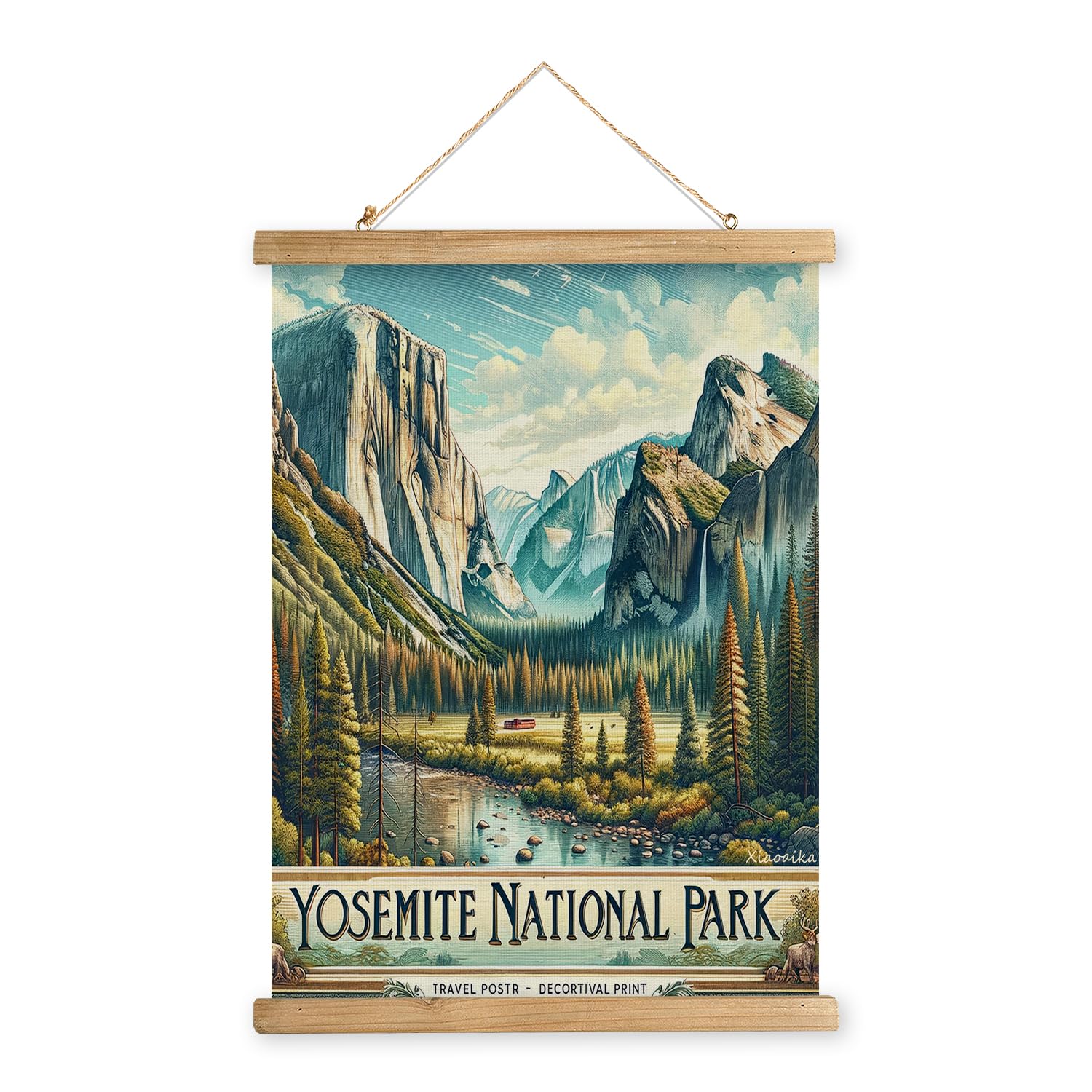Xiaoaika Vintage Yosemite National Park Travel Poster With Wooden Scroll Frame - Holiday Decoration Or Gift For Living Room, Bed