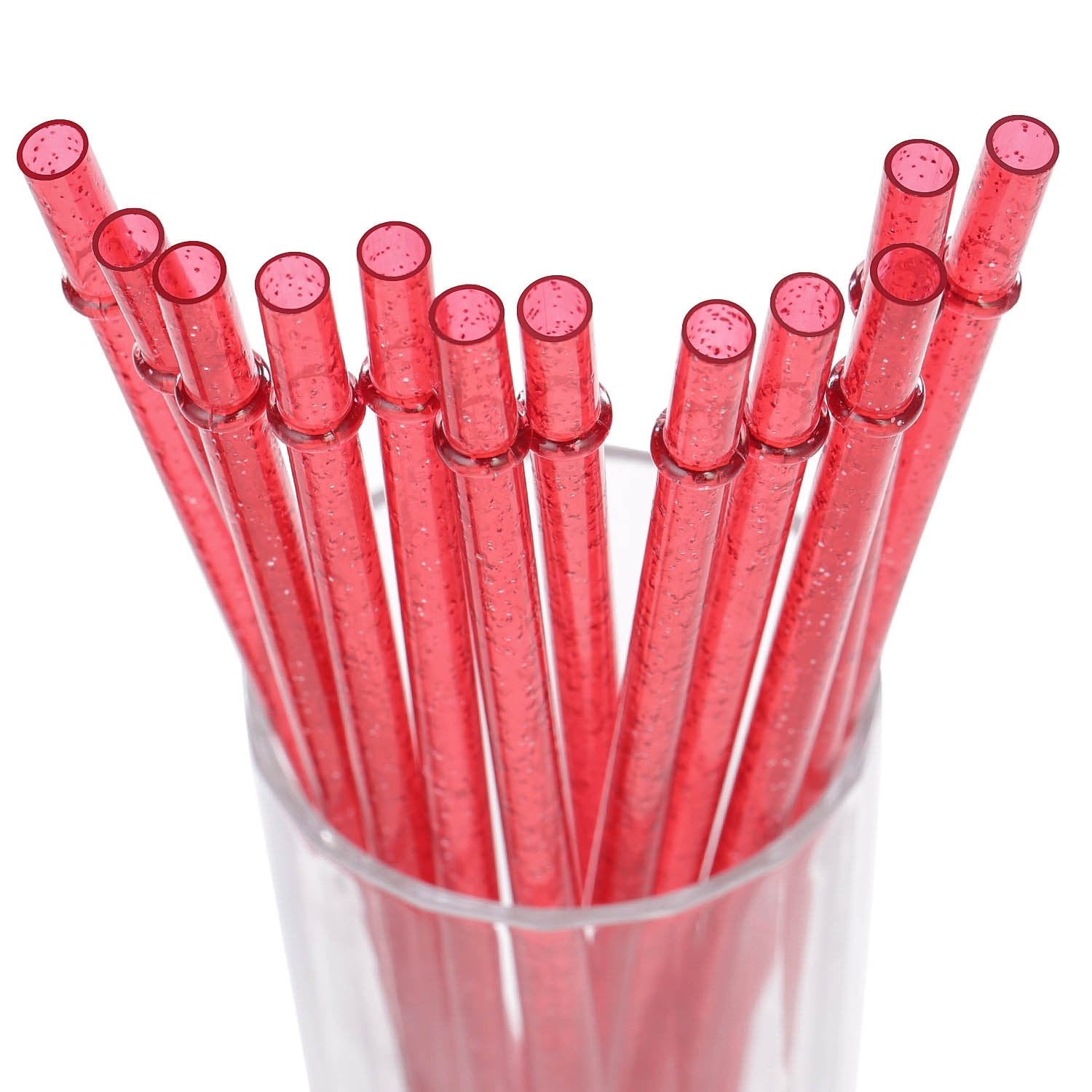Dakoufish BPA-Free 12 Piece 11 Inch Reusable Clear Plastic Glitter Sparkle Drinking Straw Plus one Cleaning Brush (Red,11inch)