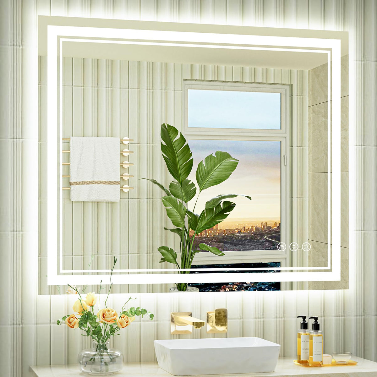 Awandee 48X40 Led Bathroom Mirror With Lights, Front And Backlit Led Mirror For Bathroom, Anti-Fog Lighted Bathroom Mirror, Dimm