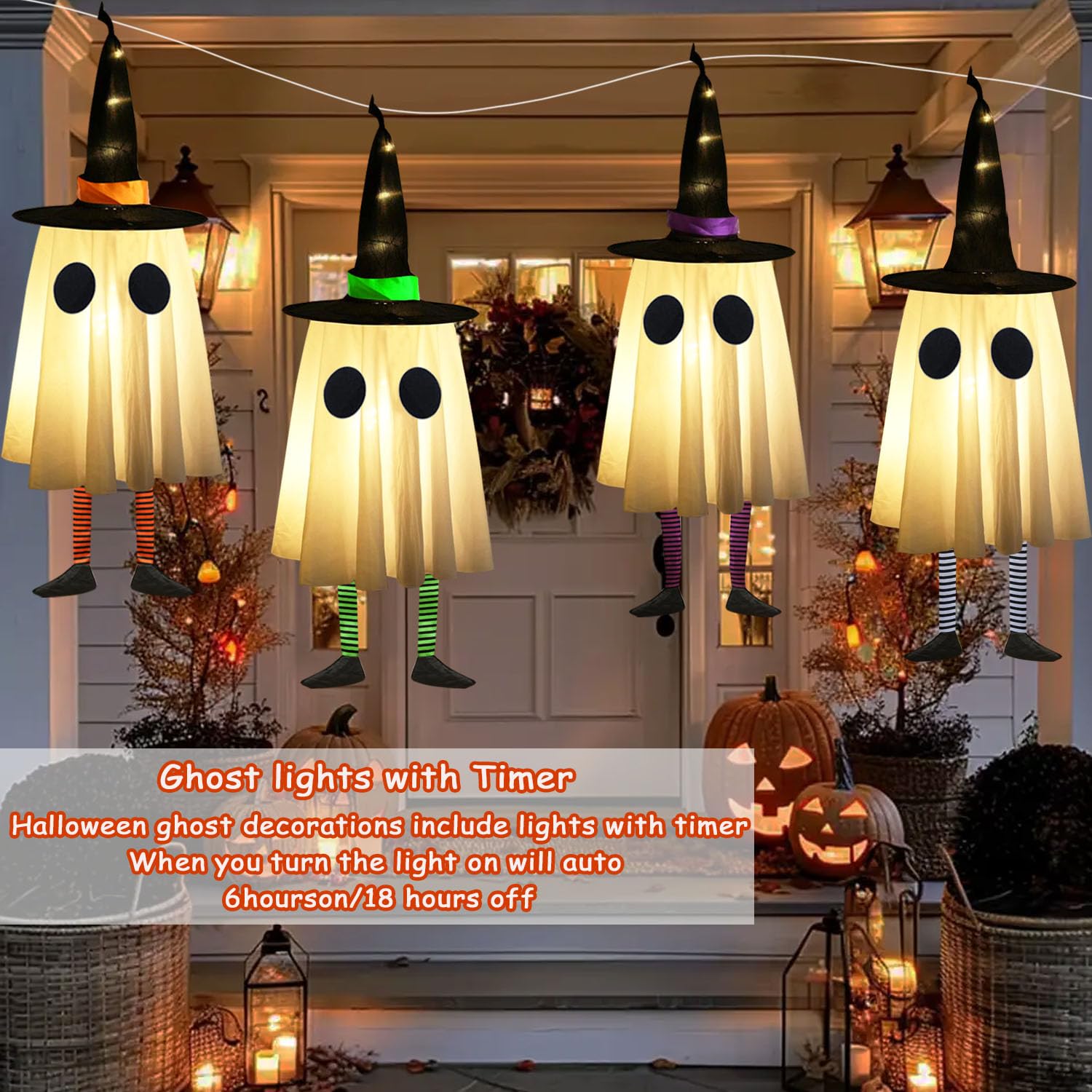 Set of 4 Halloween Hanging Ghosts, Halloween Decorations Outdoor Hanging Ghosts with Witch Hat,Glowing Ghost Witch Hat Lights, L