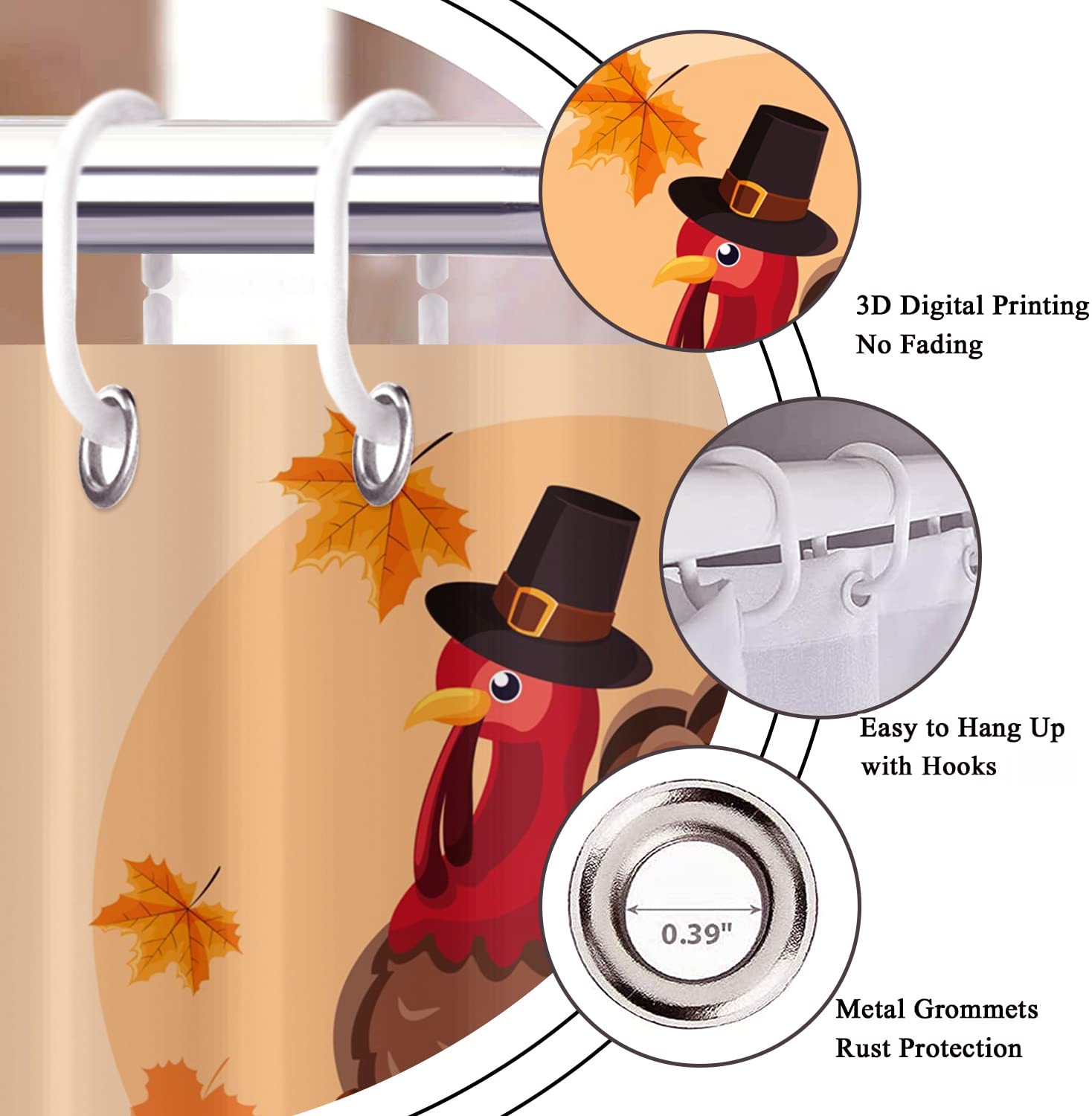 GCIREC Thanksgiving Shower Curtain, Waterproof Fabric, 72"x72", Fall Harvest Pumpkin & Turkey, Model GCI-8956