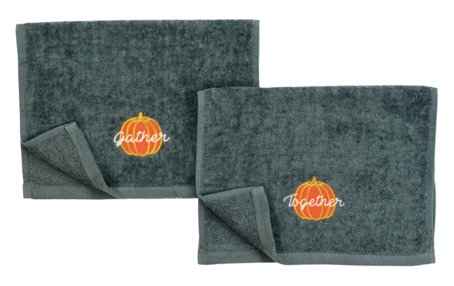 Serafina Home Decorative Fall Decor Fingertip Towels: Embroidered Gather Together Pumpkin On Plush Grey, 2 Piece Set, 11'' X 18'