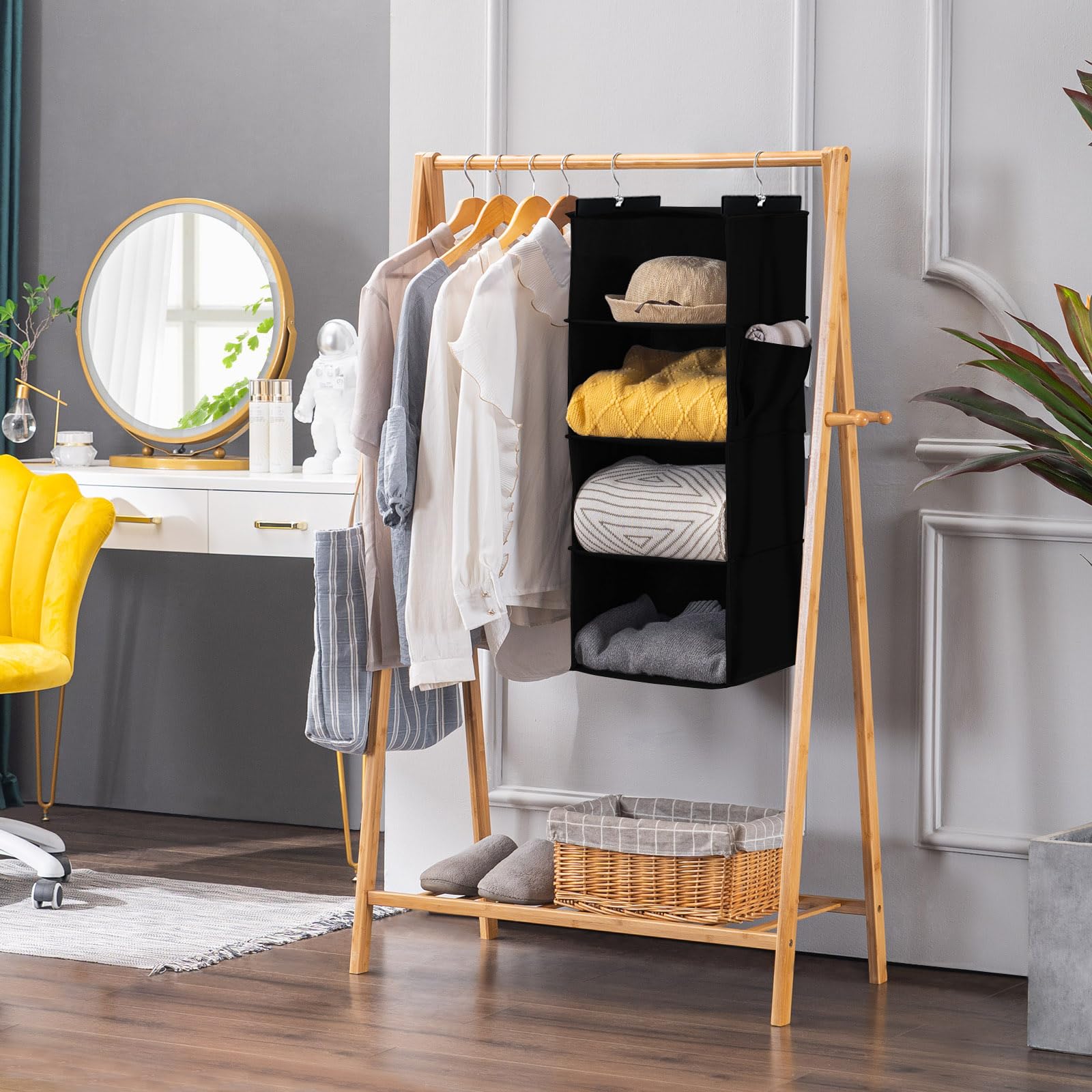 YOUDENOVA 4-Shelf Hanging Closet Organizer, Engineered Wood, Black, Model YDDHC004-BLK-USJP