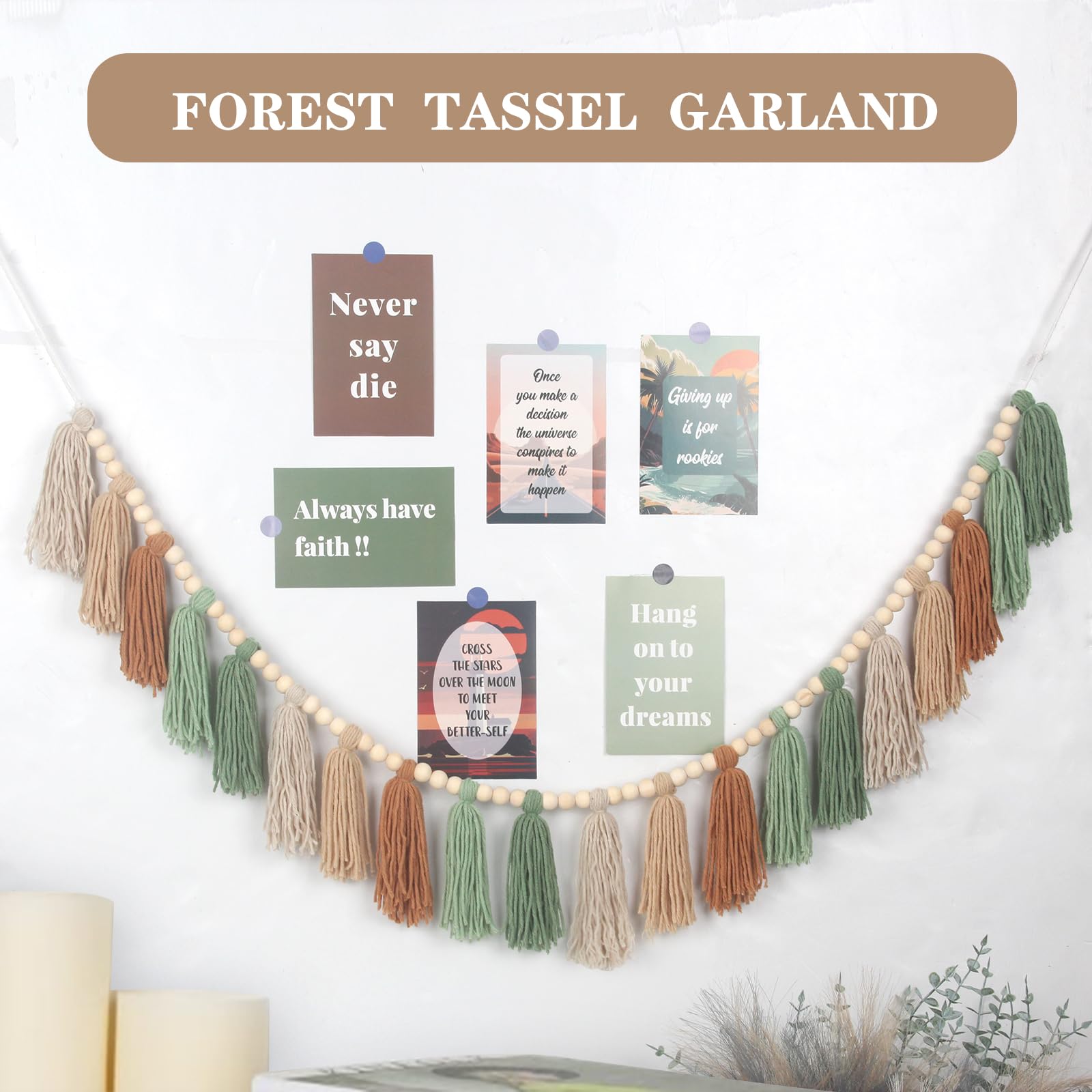 Tasruwat Sage Green Brown Boho Yarn Wood Bead Tassel Garland Wall Hanging Decor Neutral Earth Tone Woodland Banner Tassels for N