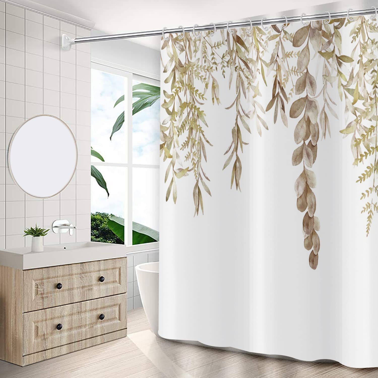 Gcirec Botanical Shower Curtains (72'' X 72''), Watercolor Autumn Eucalyptus Leaf Plant Tan Bathroom Curtain For Bathtub Home De