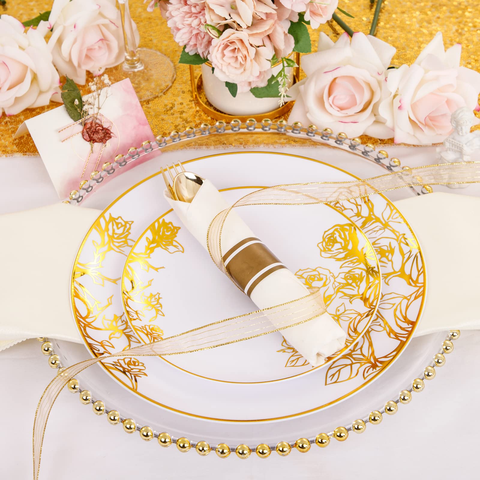 Dayammi 210Pcs Pink Gold Plastic Plates,Gold Disposable Dinnerware Set Includes 60 Gold Pink Plates,30 Gold Plastic Silverware,3