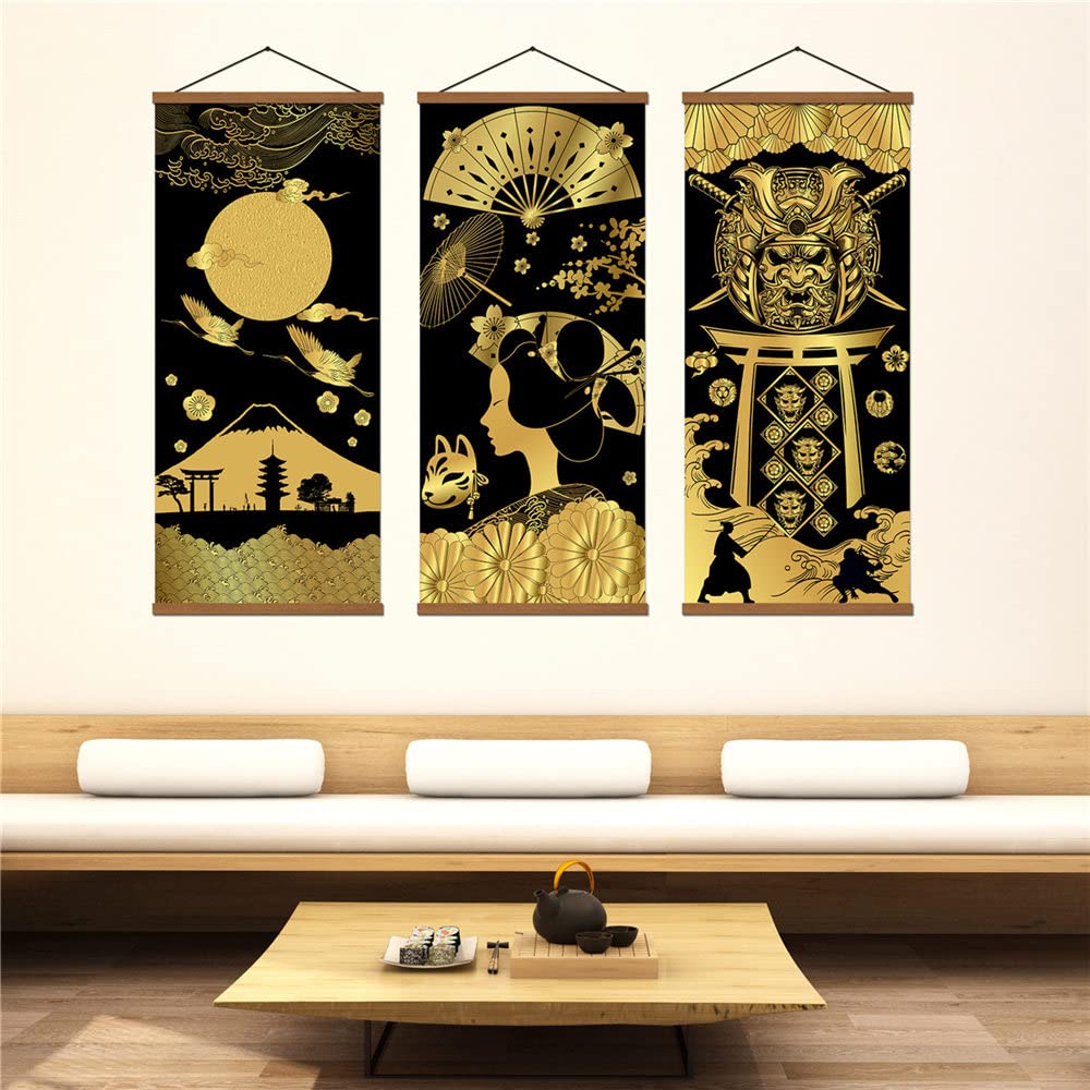 Warrior'S Dreams Canvas Wall Art Print Poster Armored Helmet Samurai Spirit With Scroll Wood Framed Ready To Hanger Home Karate