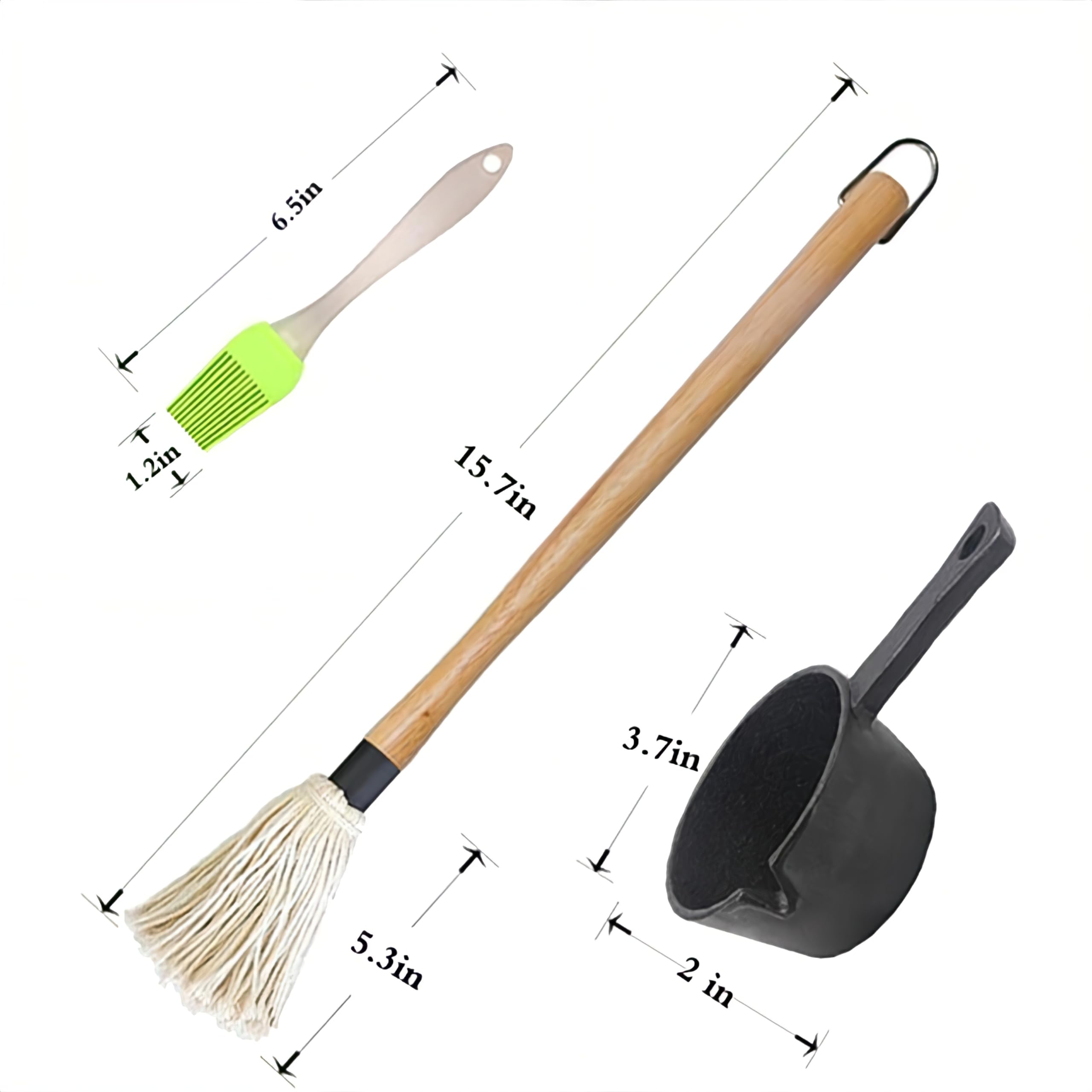 Bbq Mop Brush And Cast Iron Sauce Pot Set, 11-In-1 Value Pack Includes 2Pcs Wooden Long Handle, 6 Brush Heads, 1 Cast Iron Bbq P