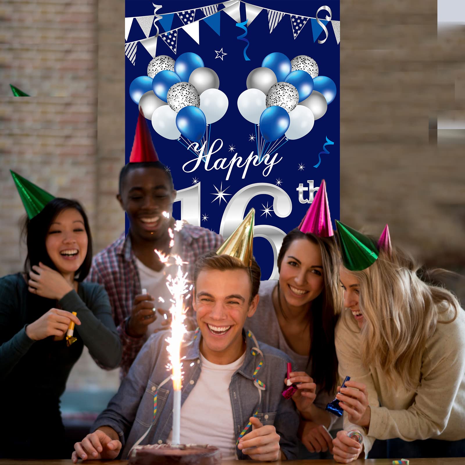 Turypaty Blue Silver 16Th Birthday Door Banner Decorations, Happy 16 Birthday Door Cover Sign Party Supplies For Boys, Sweet 16