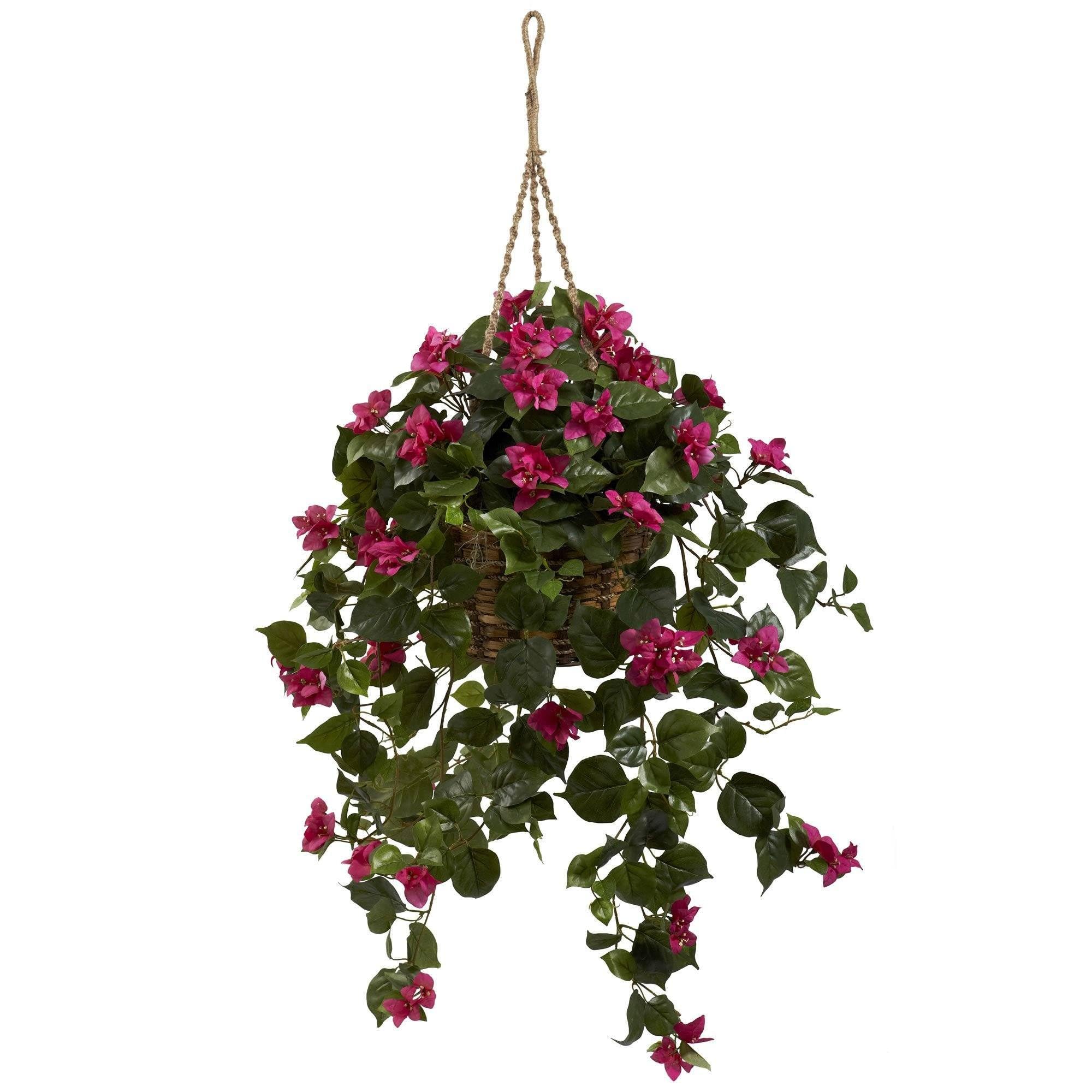 Nearly Natural Bougainvillea Silk Hanging Basket, Green/Pink
